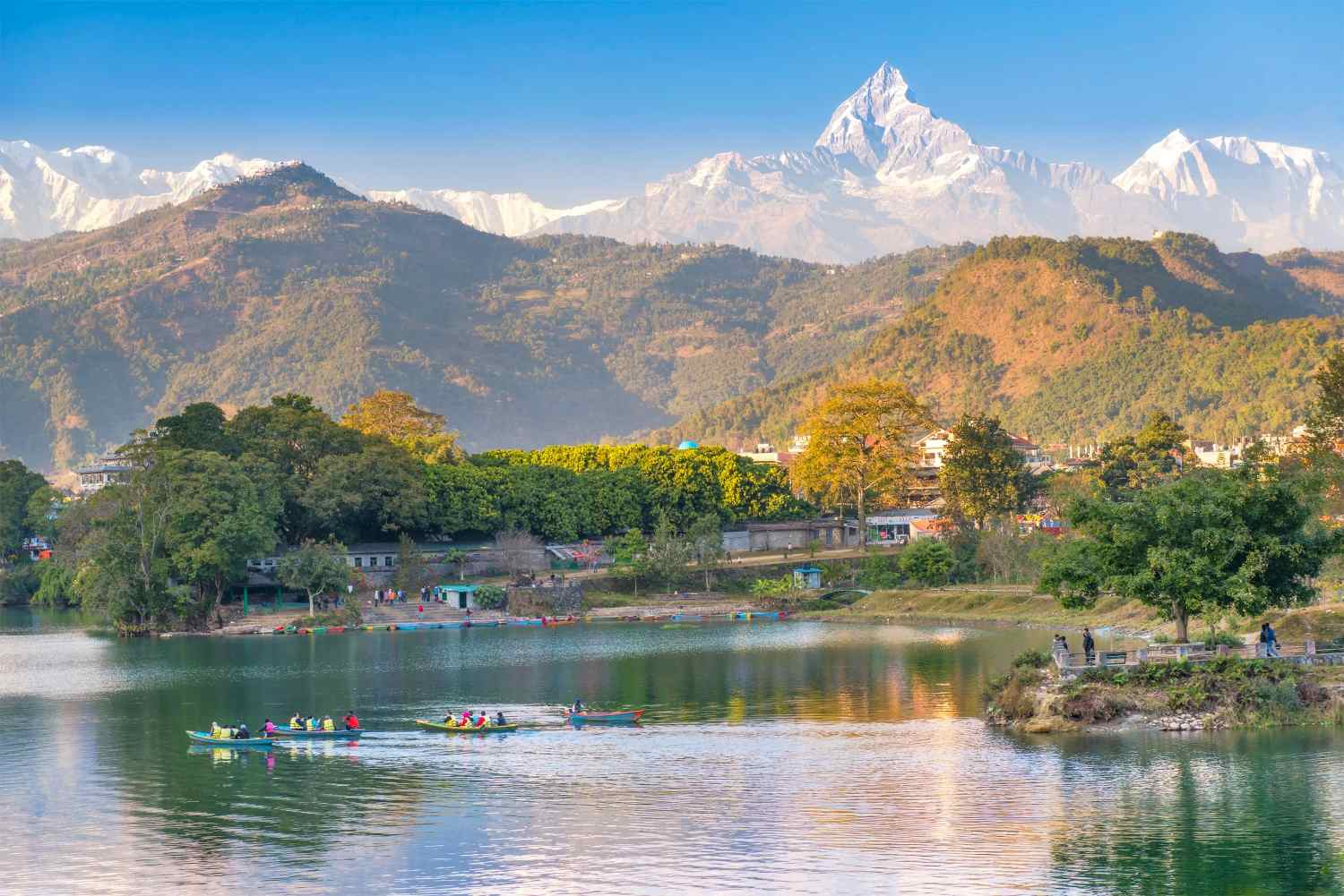 Pokhara Lake with the Annapurnas in the background, Nepal.