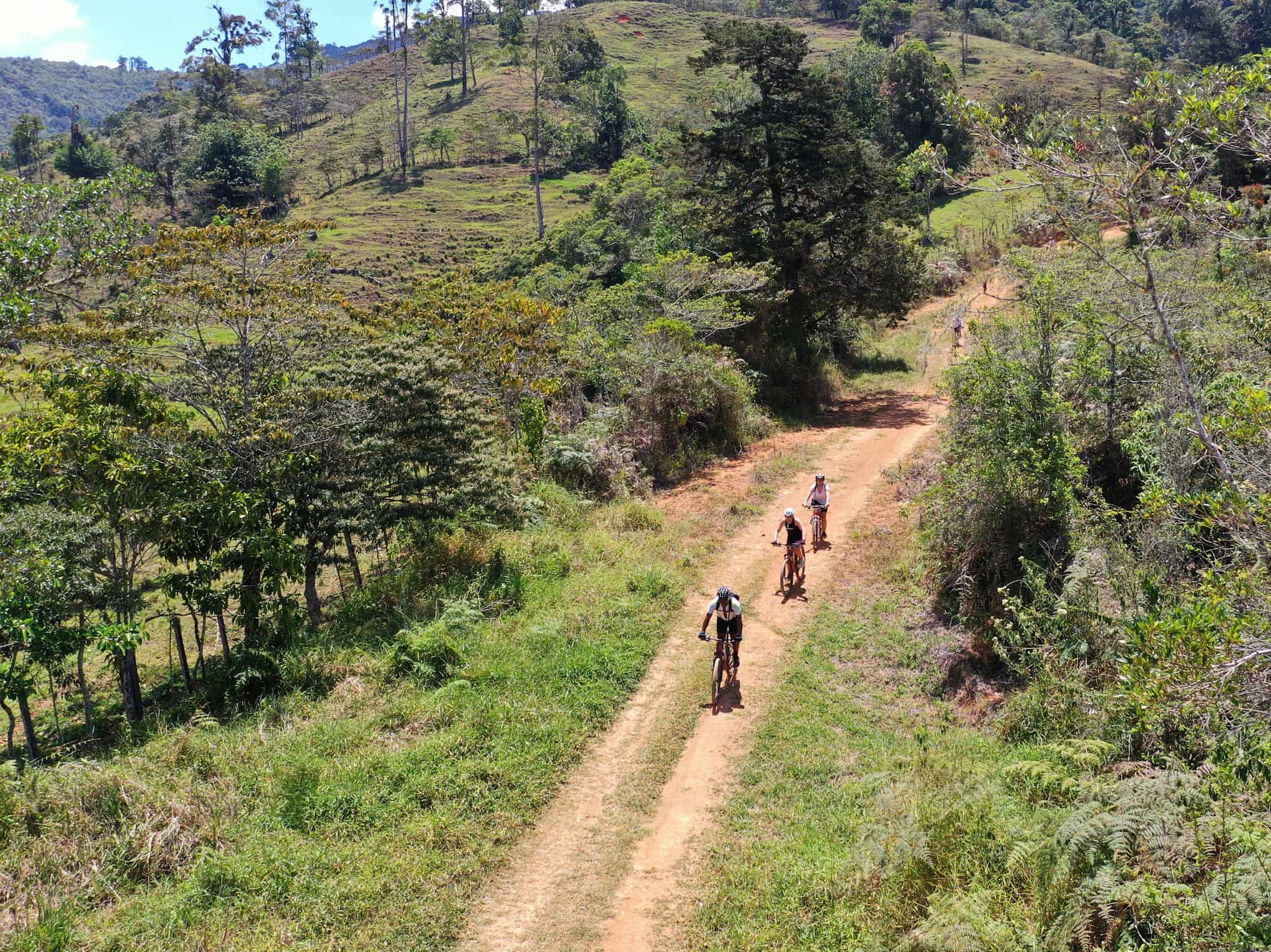 Aerial drone shot of cyclists pedalling along a dirt road surrounded by trees in Costa Rica