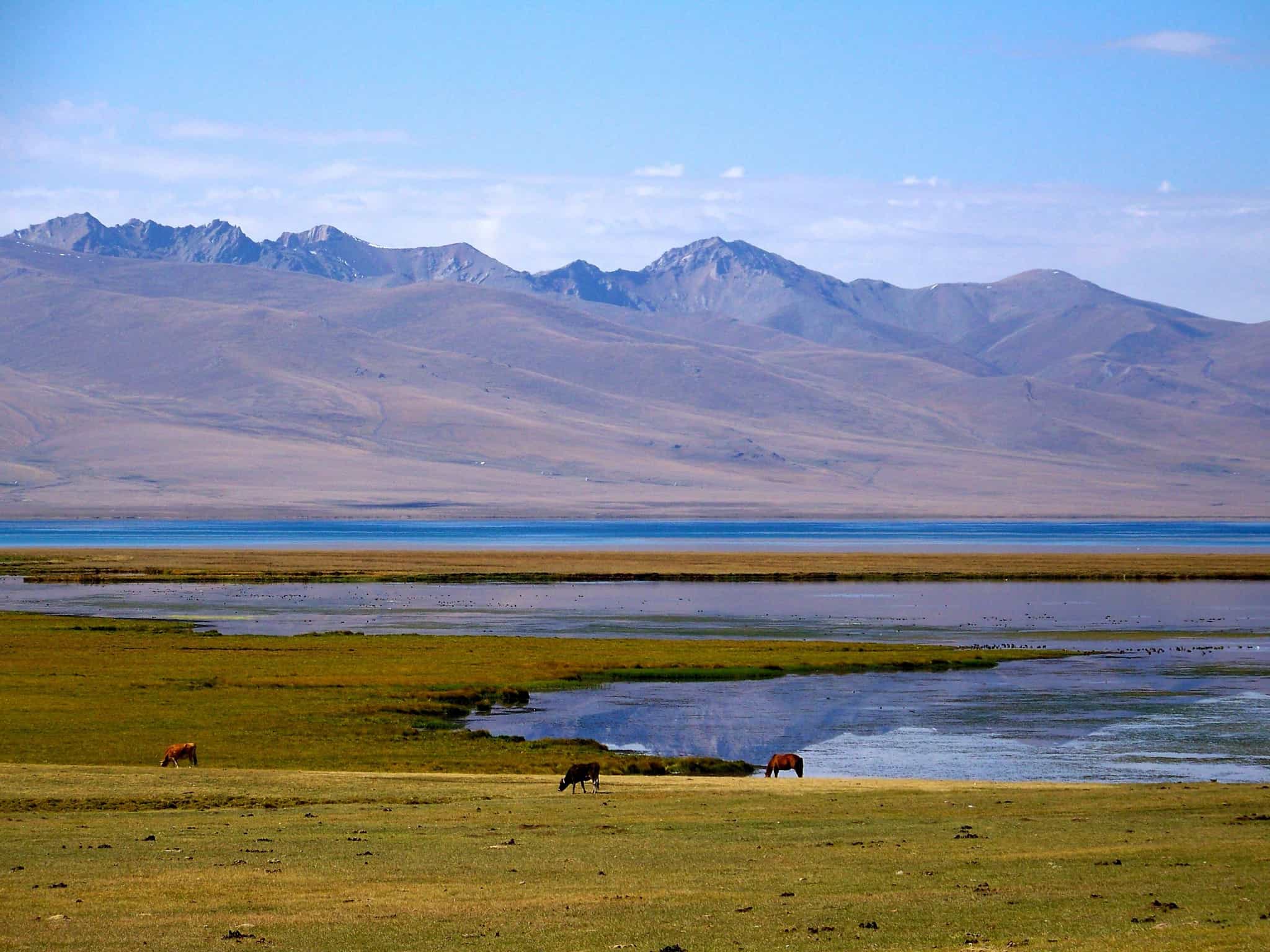 View of Song Kul Lake with mountains in the background, Kyrgyzstan.