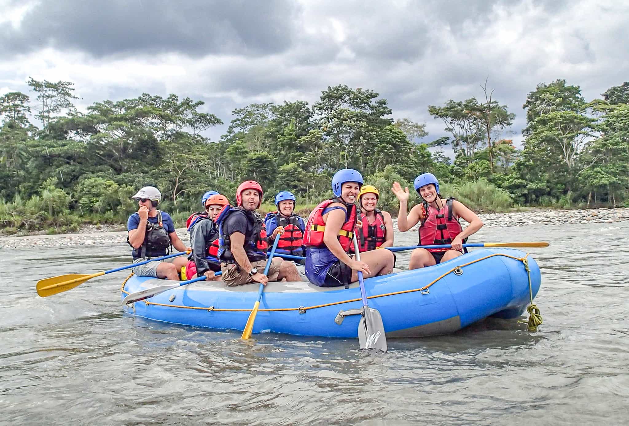 A group rafts on the Jatun Yacu River in Ecuador.