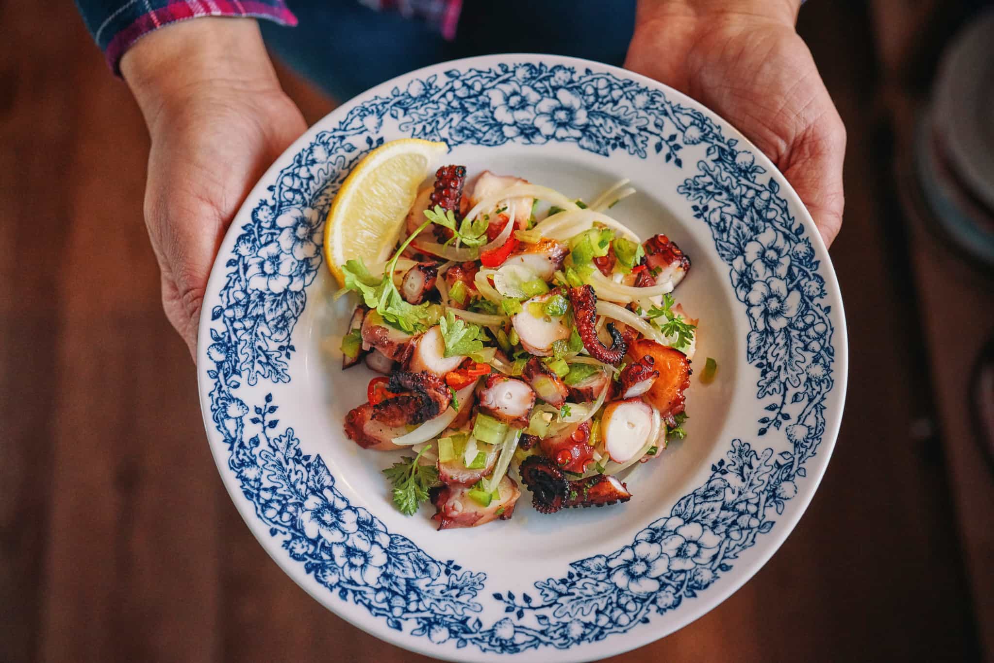 A bowl of seafood ceviche, a traditional dish from Ecuador. 