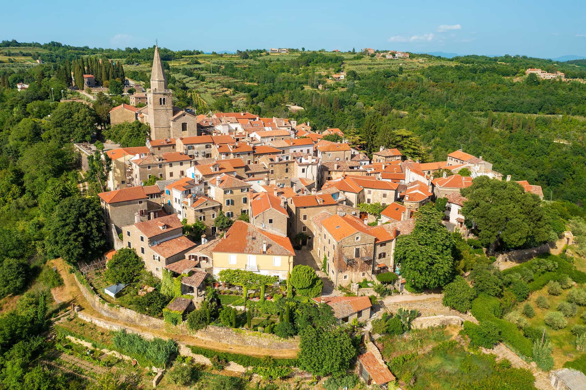 Aerial view of the hilltop town of Grozjan in the Istrian countryside