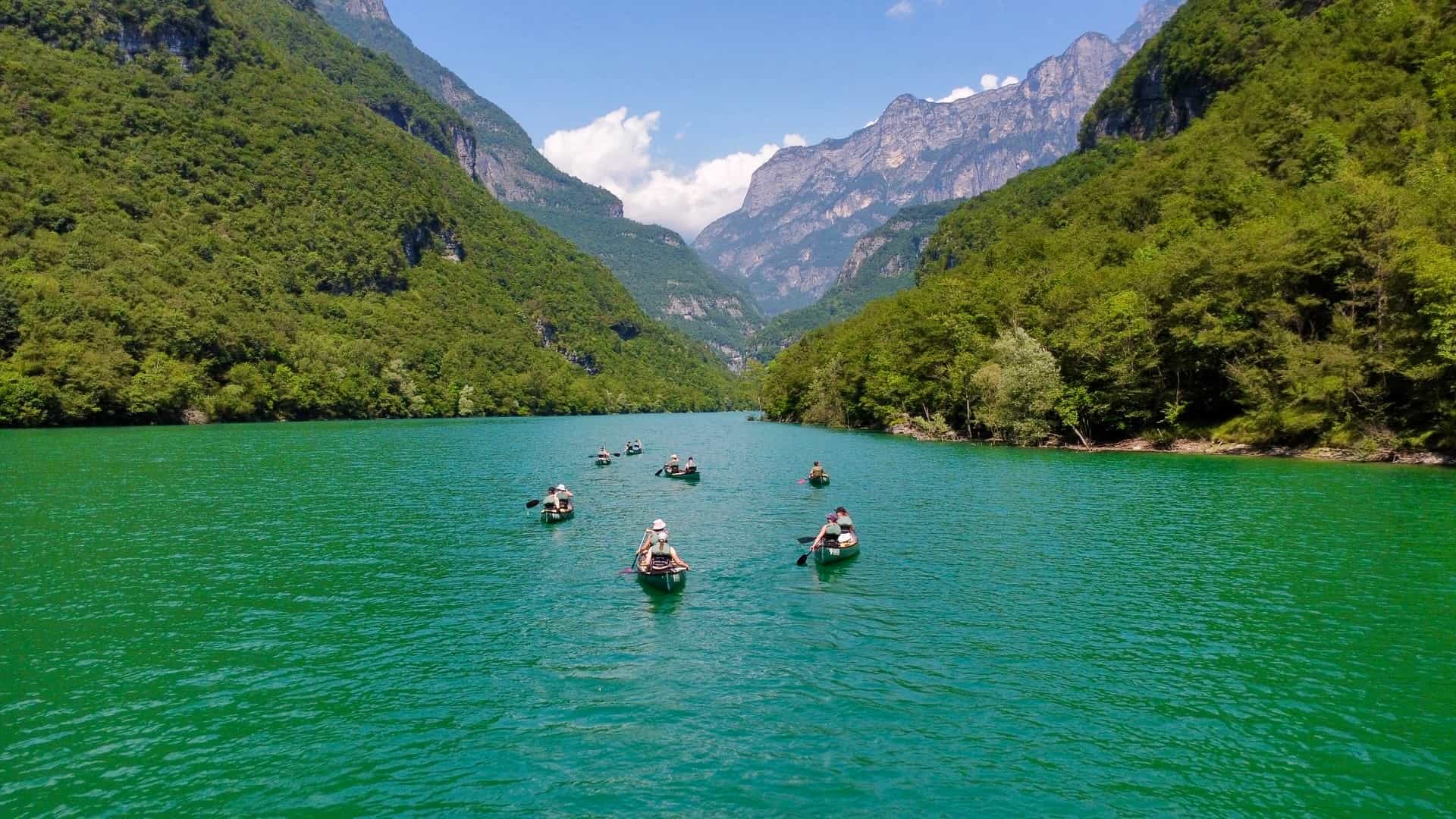 Canoeing on Lago del Mis in the Dolomites, Italy
