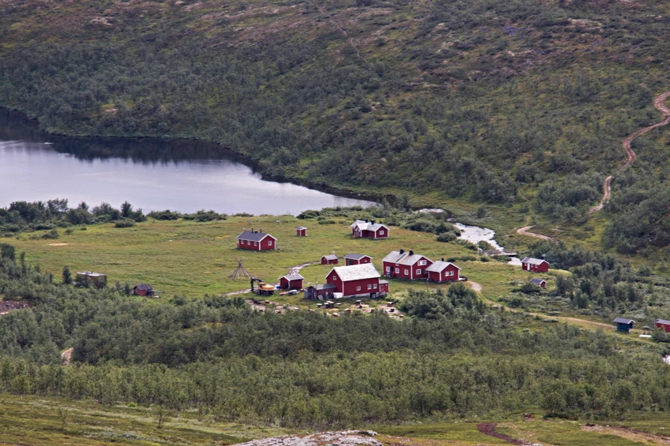 Aerial view of the remote Jotka Fjellstue lodge in Northern Norway