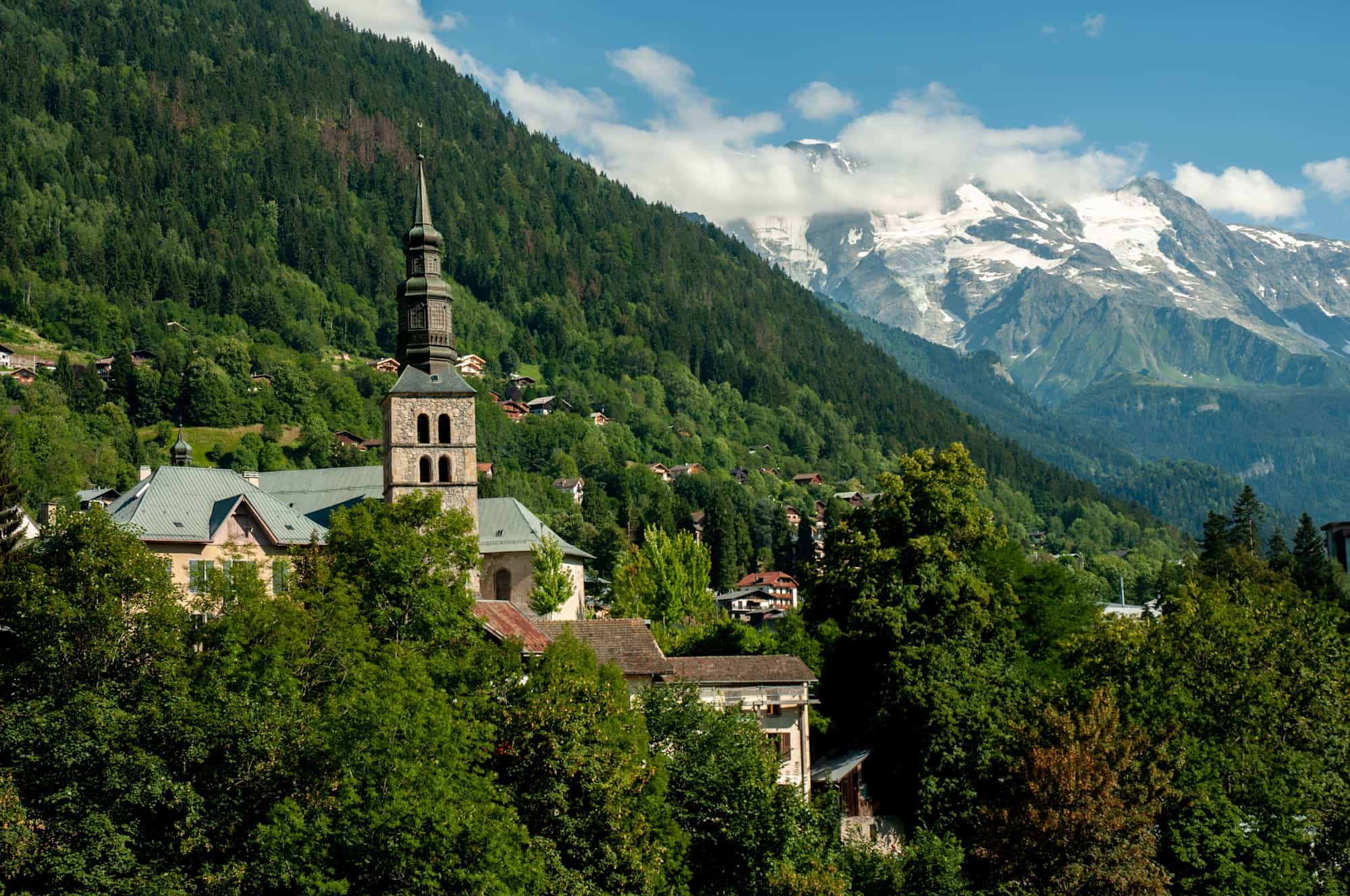 Church of Saint Gervias with mountain backdrop