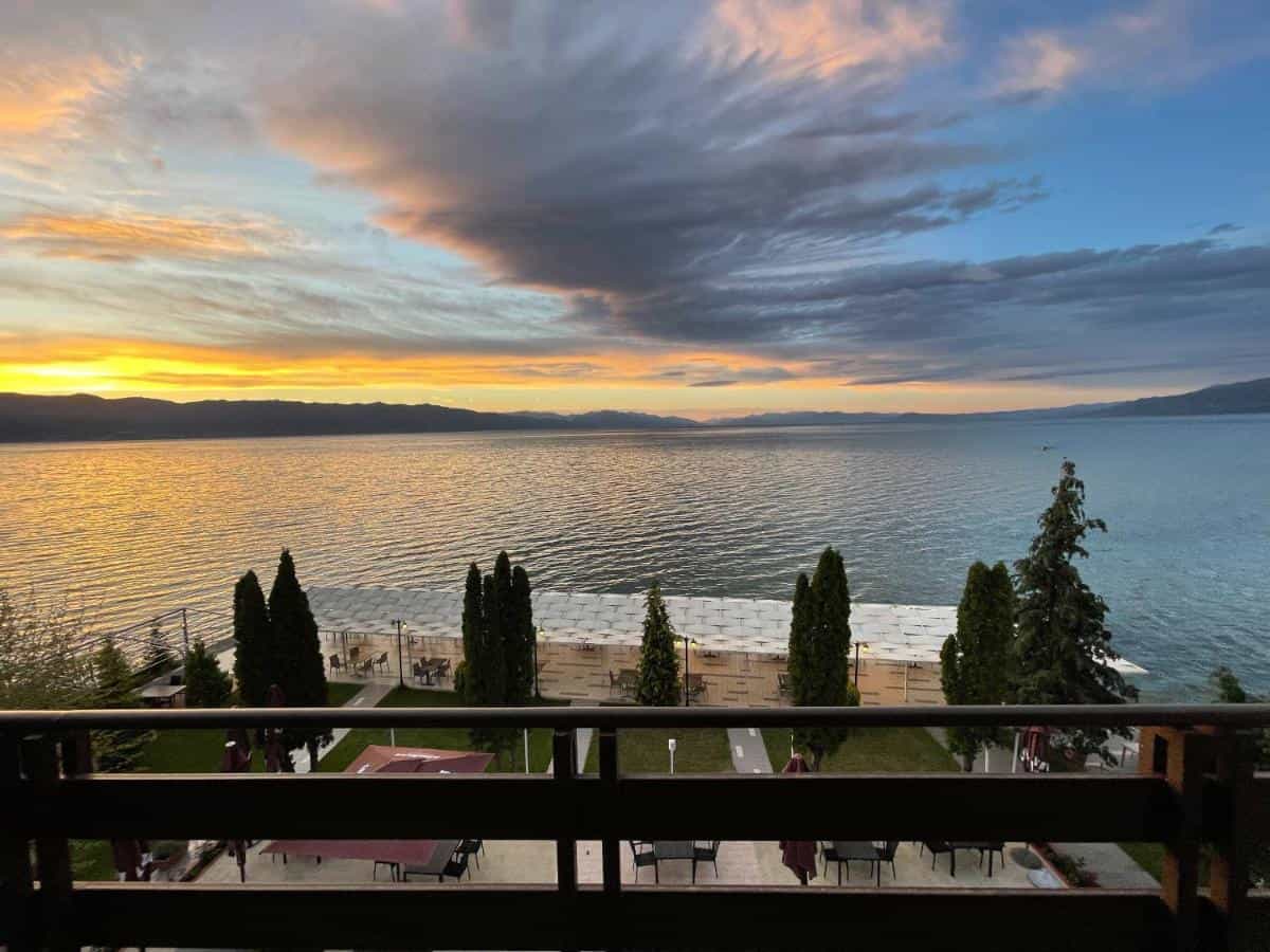 Terrace of Millenium Hotel, Tushemisht - overlooking lake Orhid