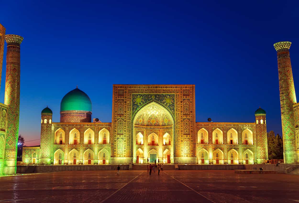 Regsitan Square by night. Samarkand, Uzbekistan
