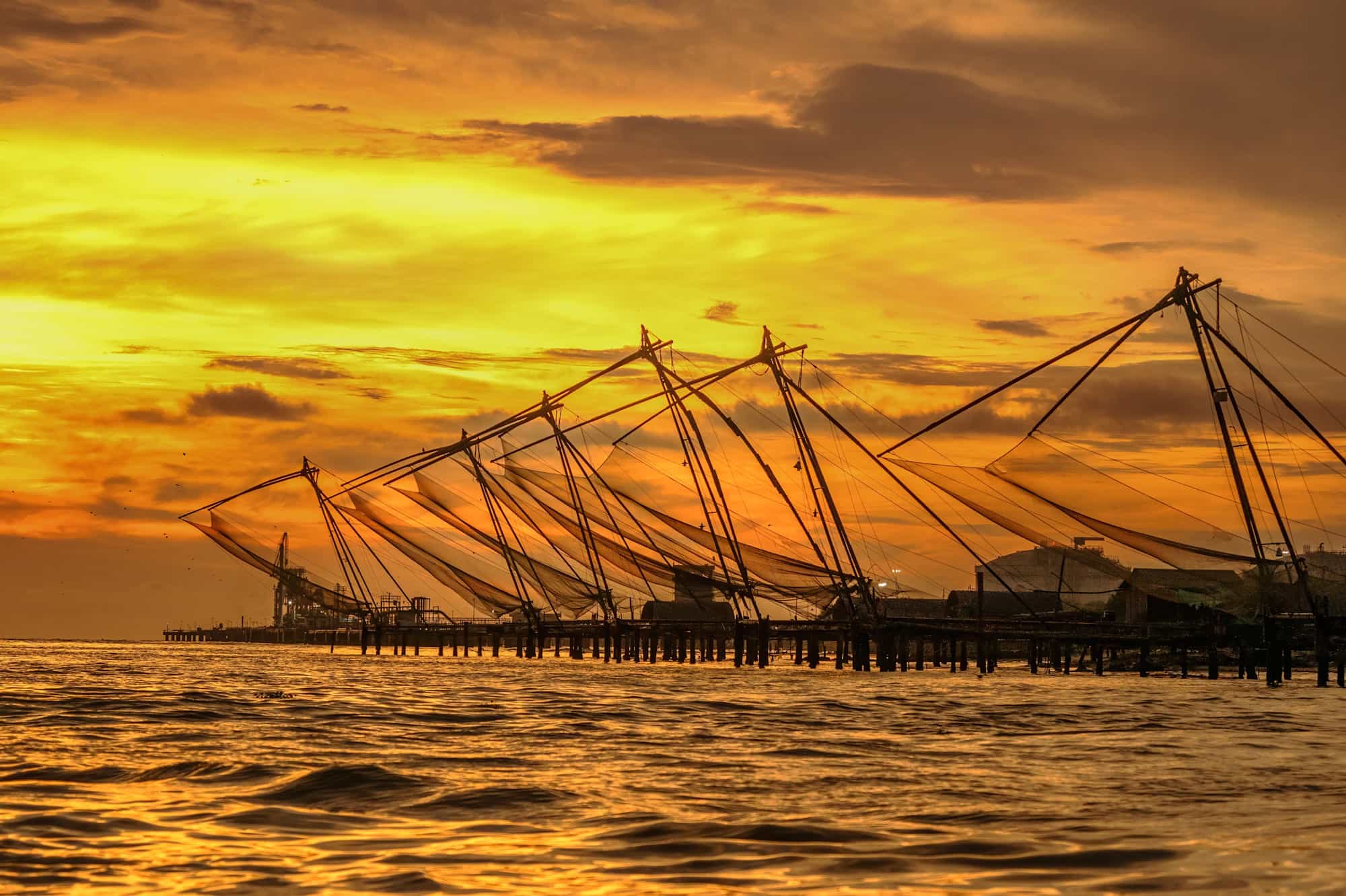 Sunset, fishing nest at Fort Kochi, Kerala India