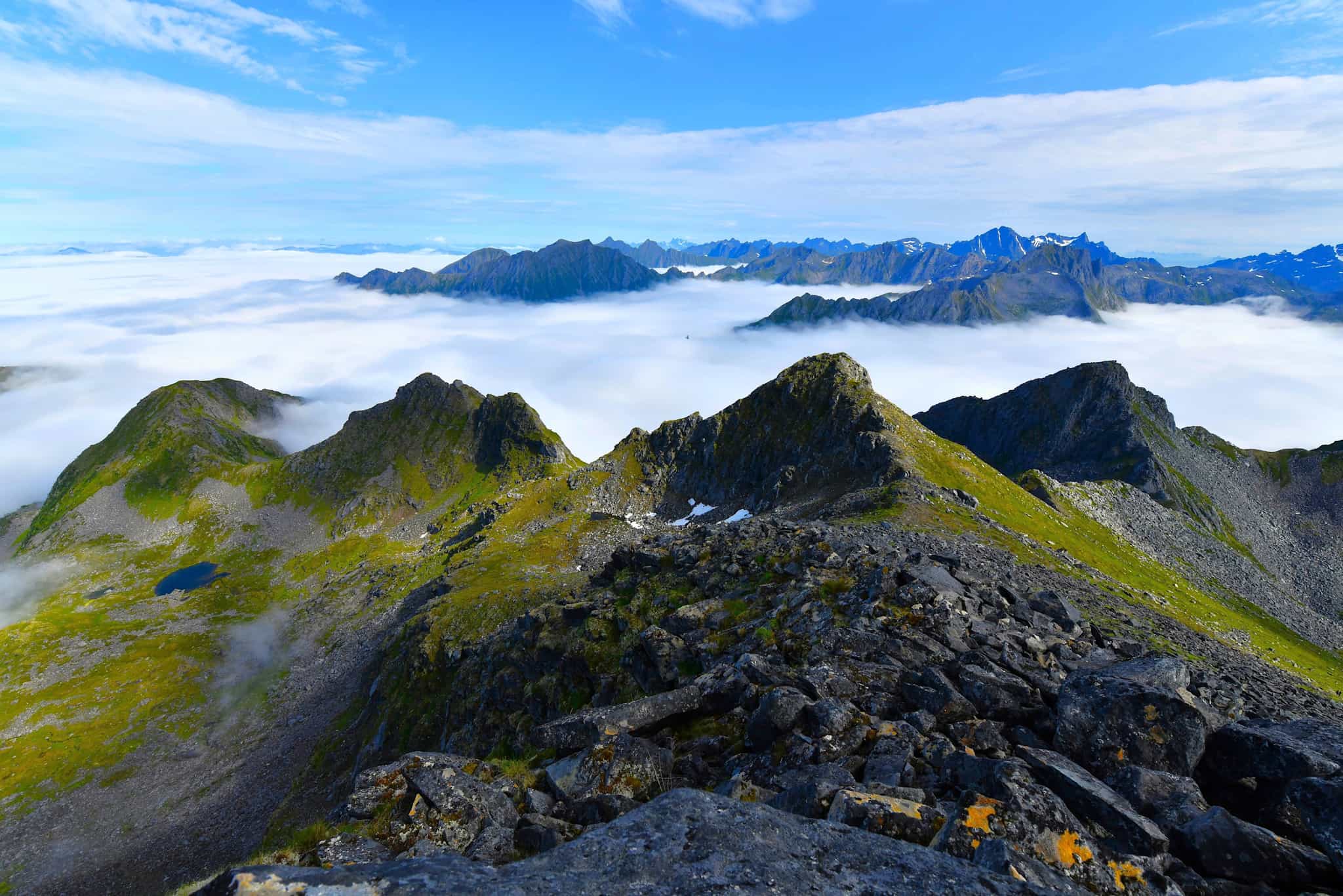 View over mountains from Matmora, Lofoten Islands, Norway.