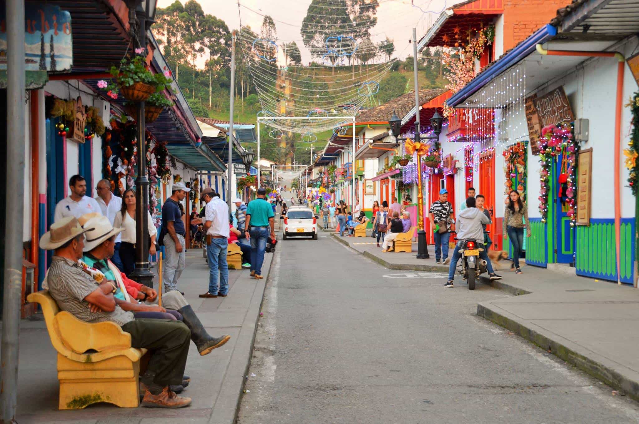 Lively street in Salento town, Colombia.
