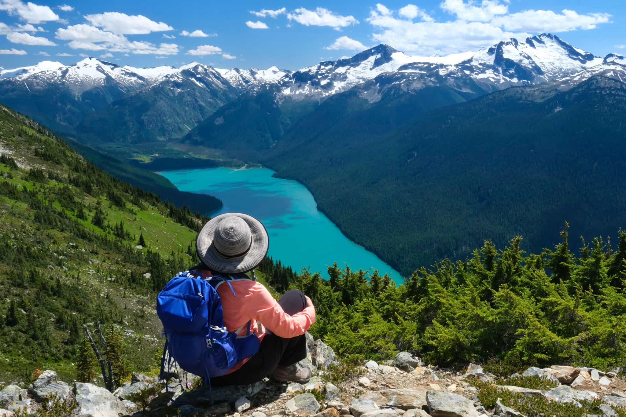Hiker on the High Note Trail in the Canadian Rockies, Whistler.