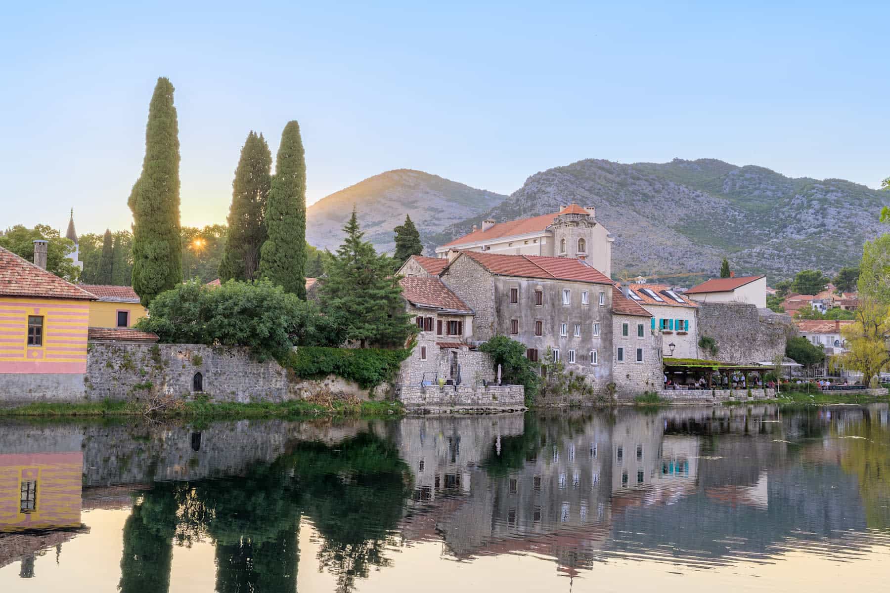 Reflections of Trebinje at twilight by the river banks in Bosnia and Herzegovina