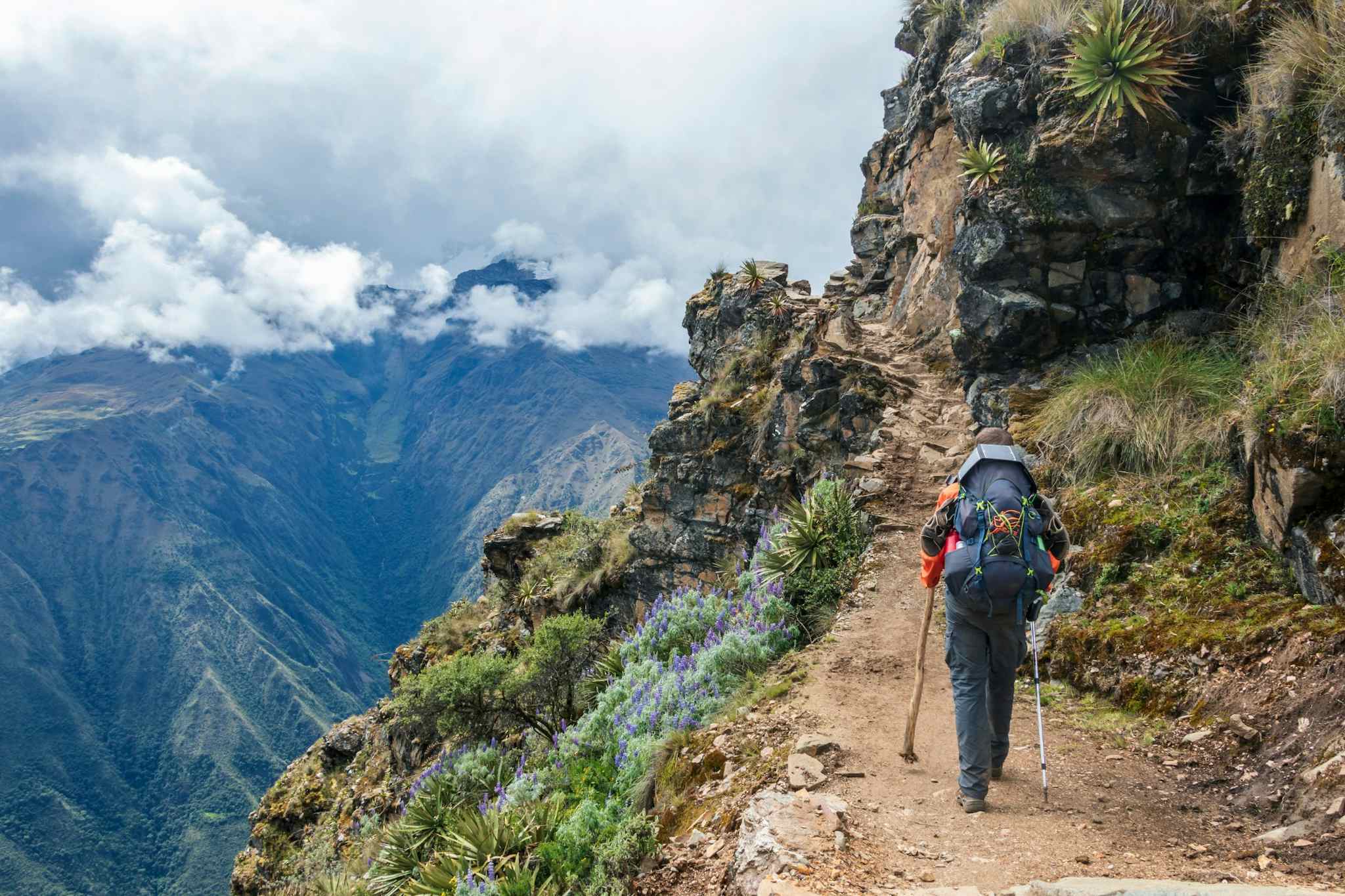 Hikers walks along the Abra San Juan Pass on the Choquequirao Trek. Photo: Canva link:https://www.canva.com/photos/MADnM0ZkcdI-young-hiker-man-trekking-with-backpack-in-peruvian-andes-mountains-peru-south-america/