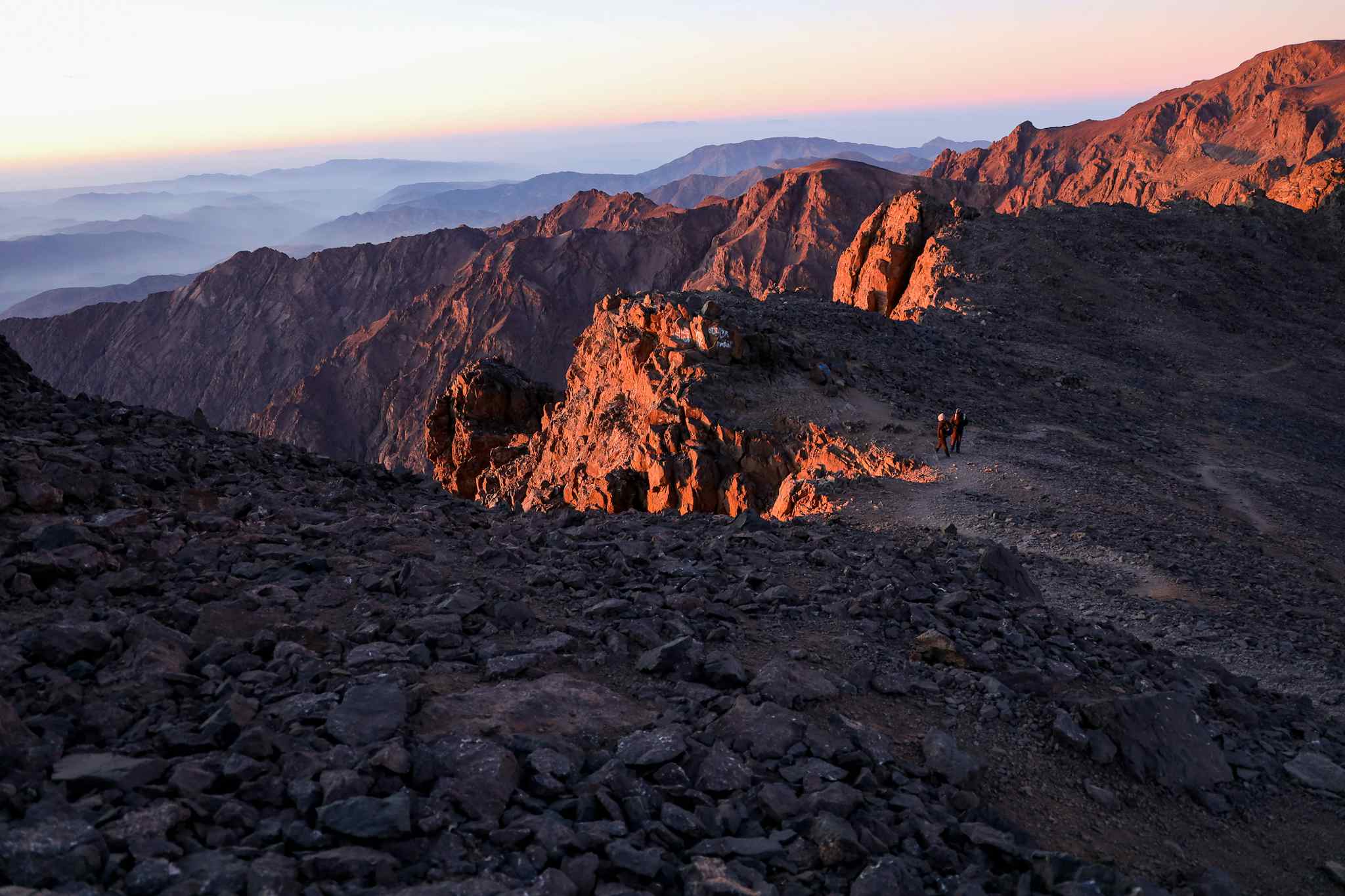 Sunrise at the summit of Mountain Toubkal in the Atlas Mountains, Morocco. 