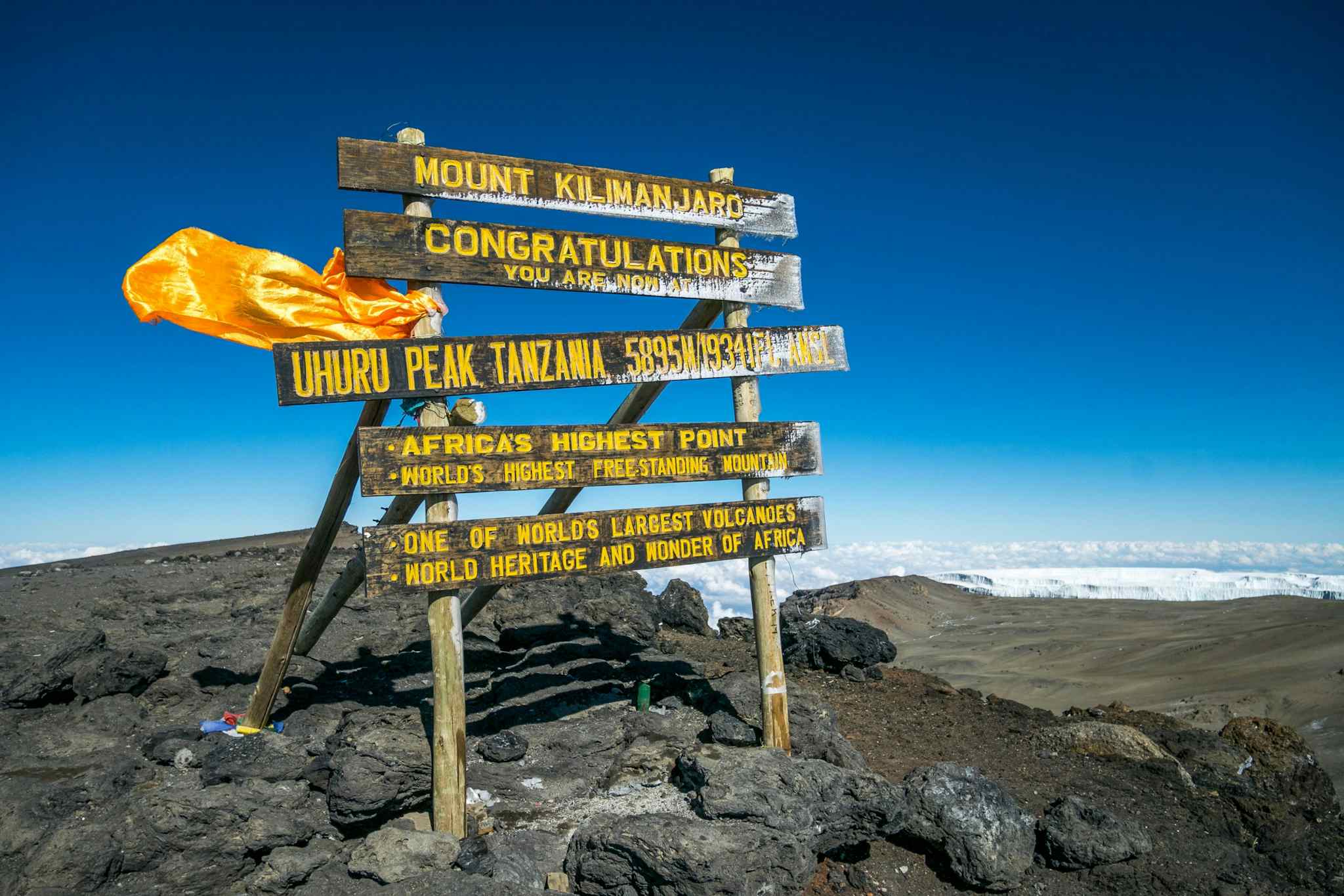 Signpost at Uhuru Peak, Mount Kilimanjaro summit, Tanzania on a clear day.