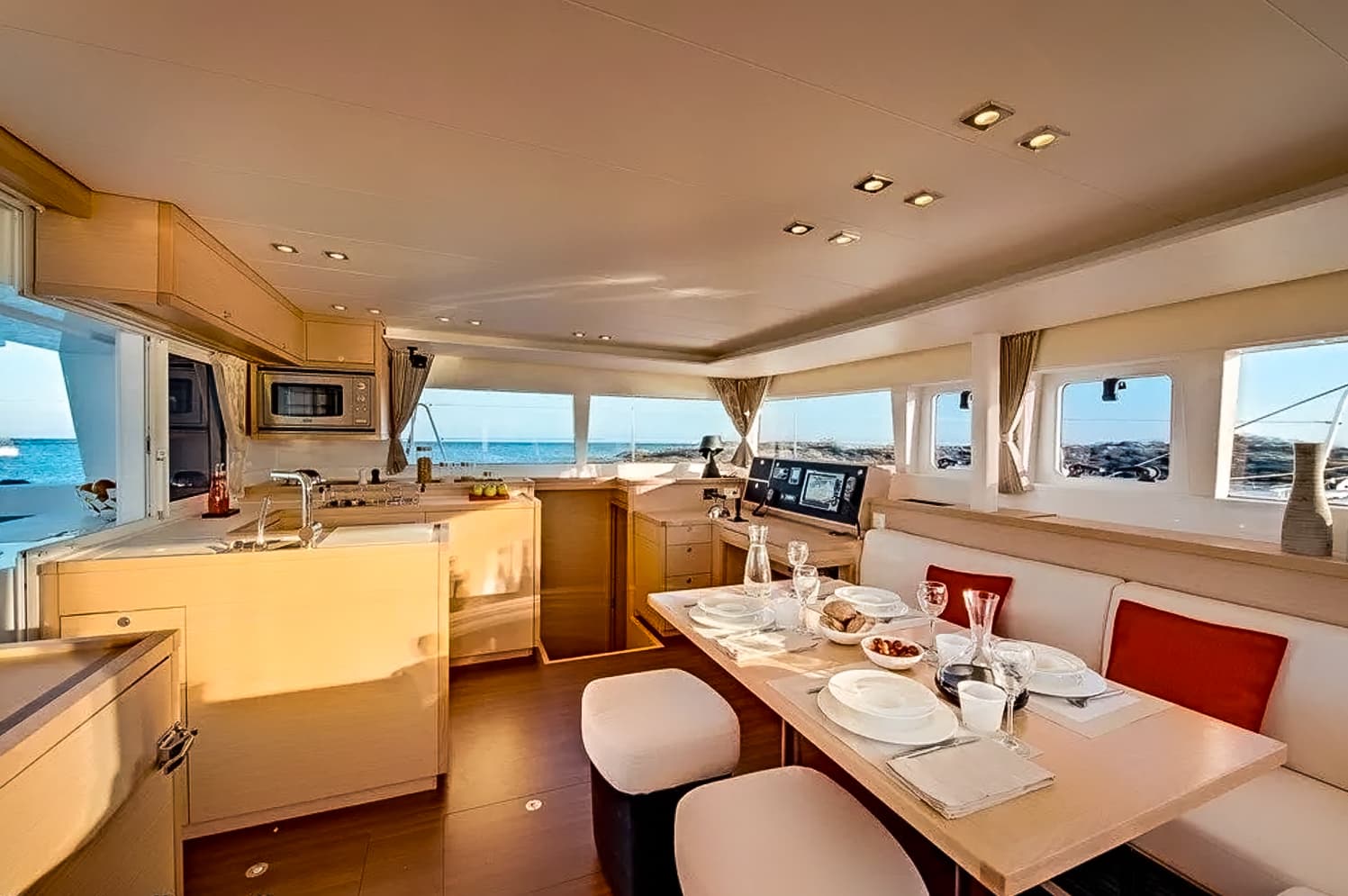 Lounge on the sailboat in the Cyclades Islands, Greece.
