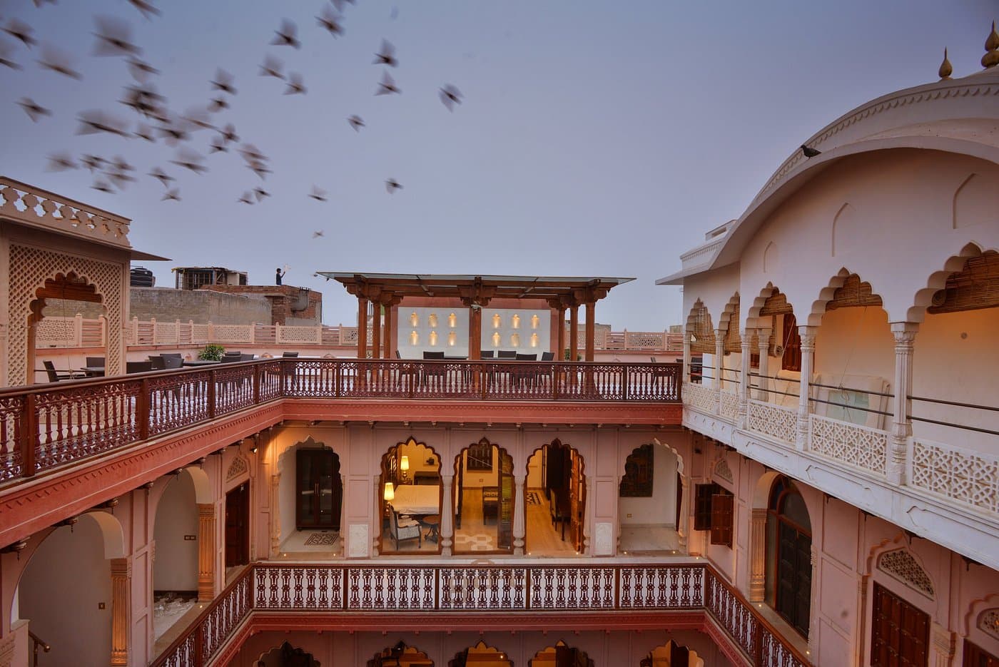 A view of the rooftop and courtyards at Golden Haveli, Delhi, India.