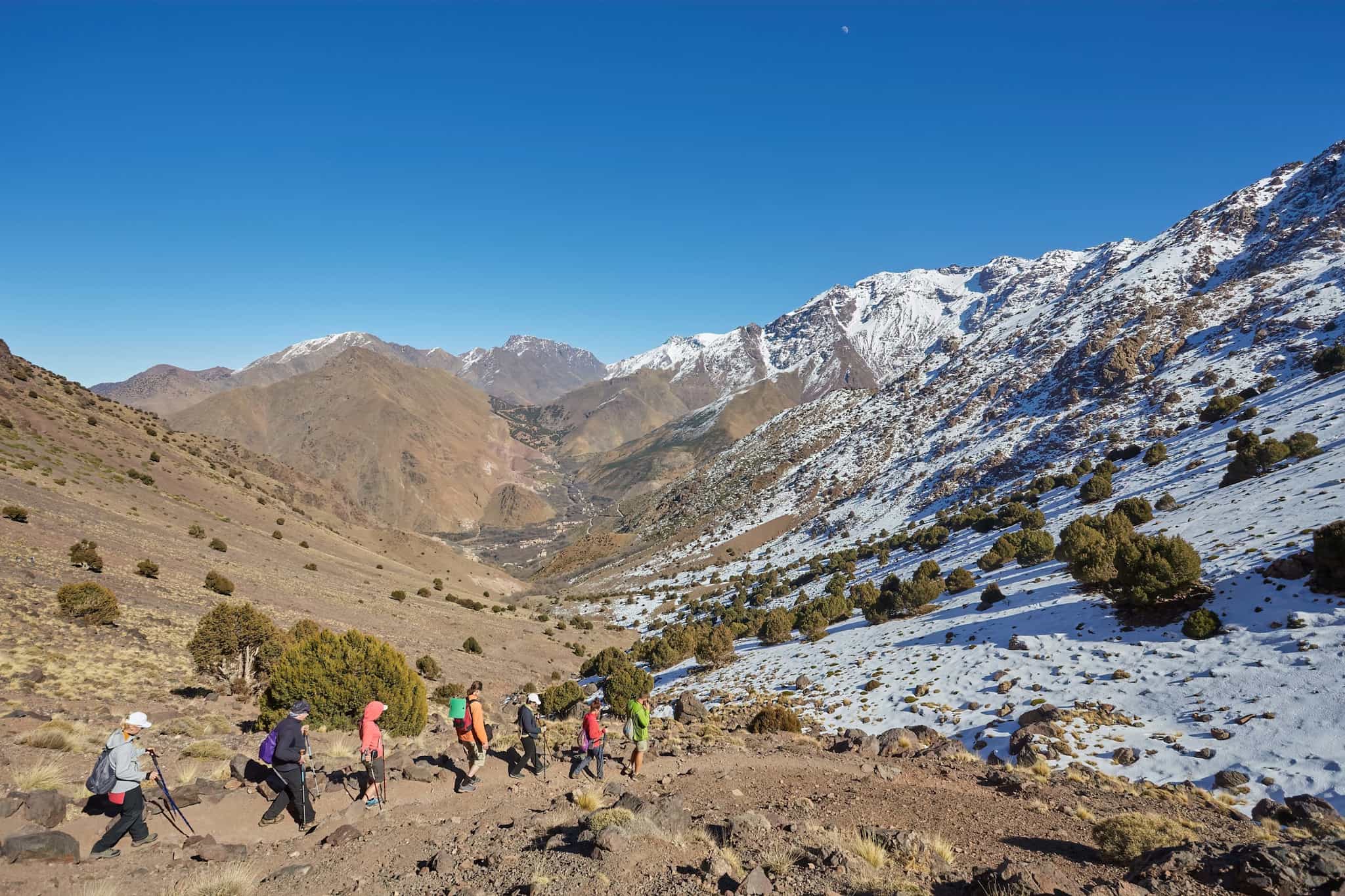 Hikers on a trail near Imlil, Morocco.