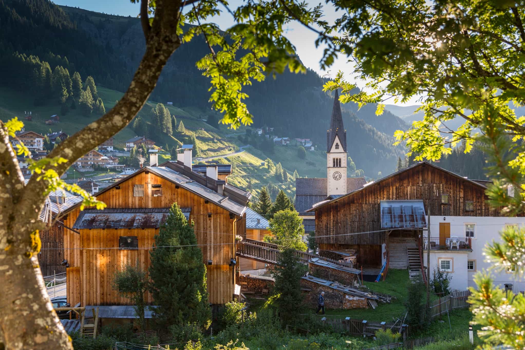 View of Arabba village in the Italian Dolomites in the sunshine.
