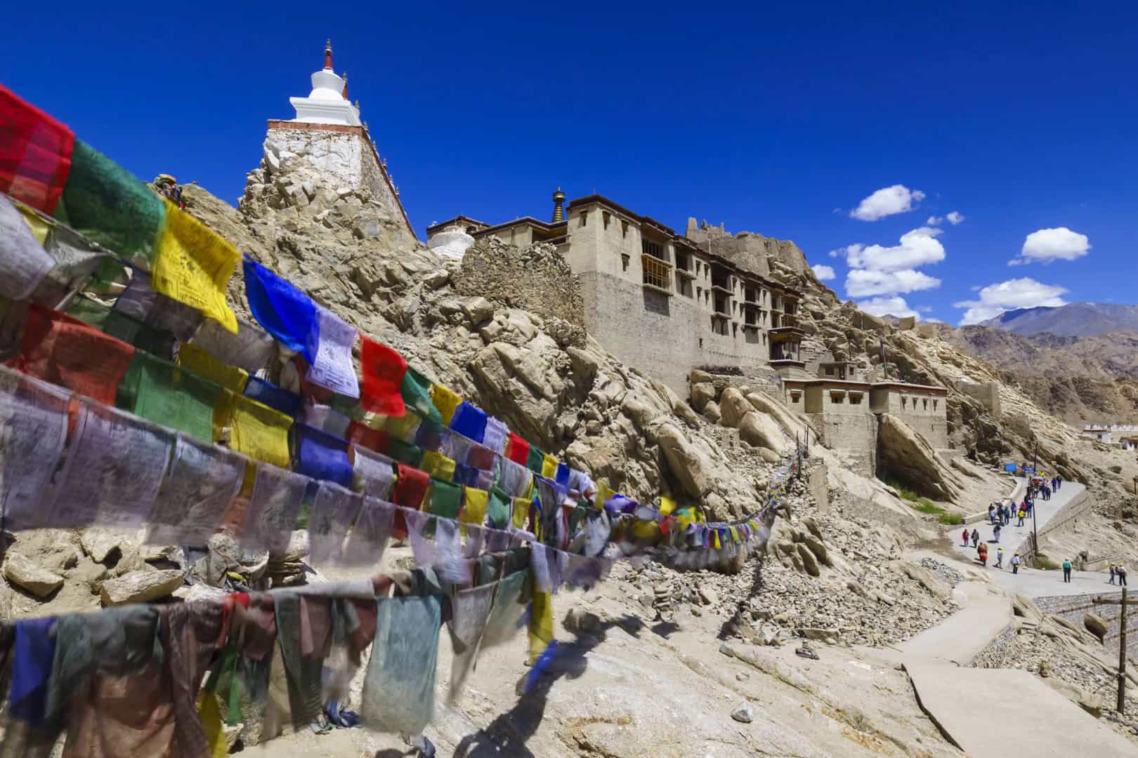 Prayer flags outside Thiksey Monastery in Leh, Ladakh, India