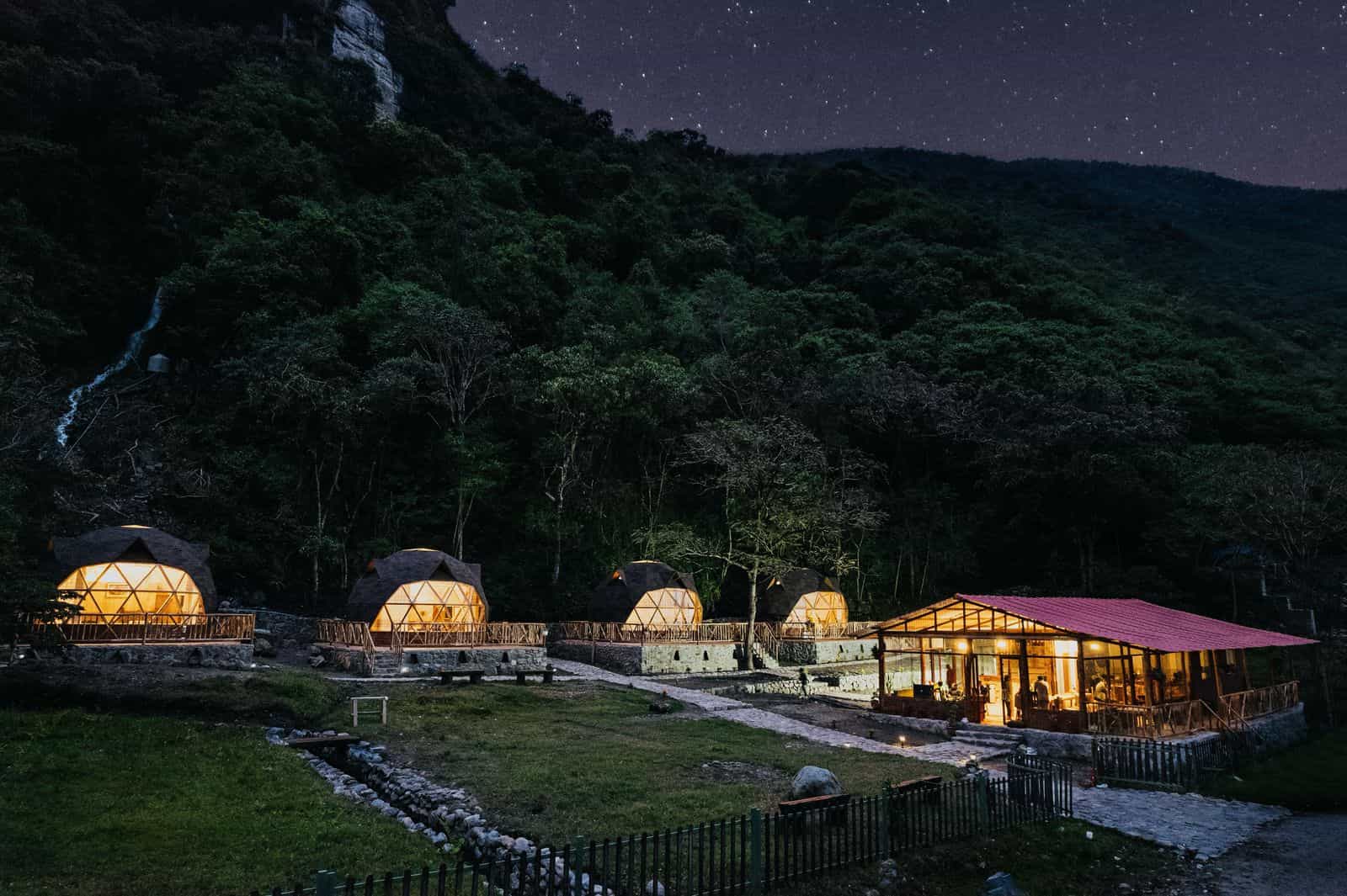 Nighttime view of the eco domes on the Salkantay trek