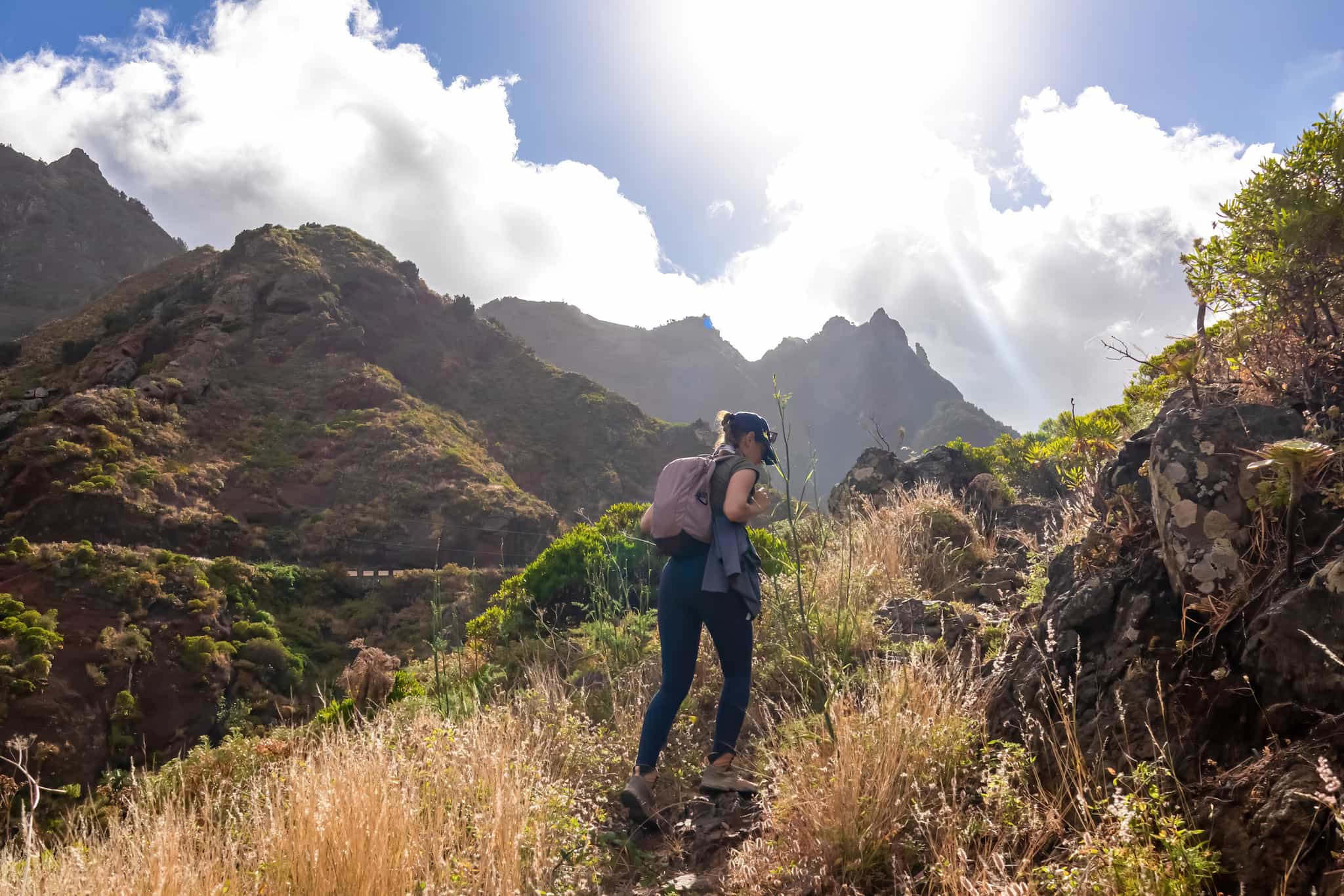 Hiker on the trails inside Anaga rural park, Tenerife
