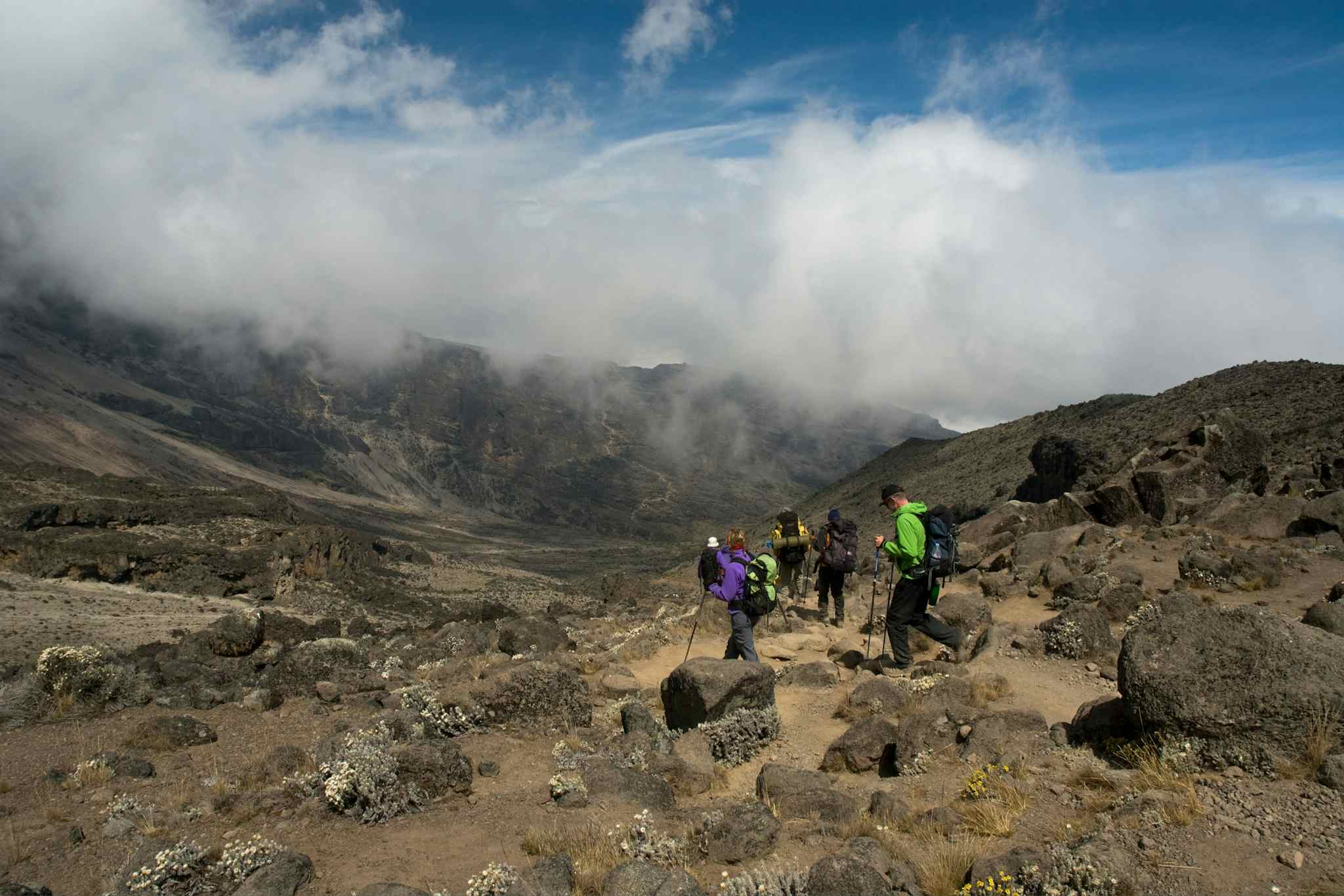 Hikers on Mount Kilimanjaro descending to Barranco Camp.