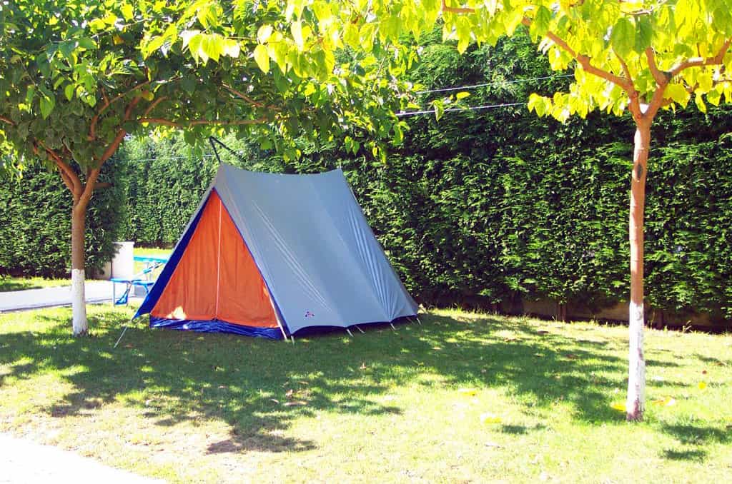 A tent pitched outdoors in greenery