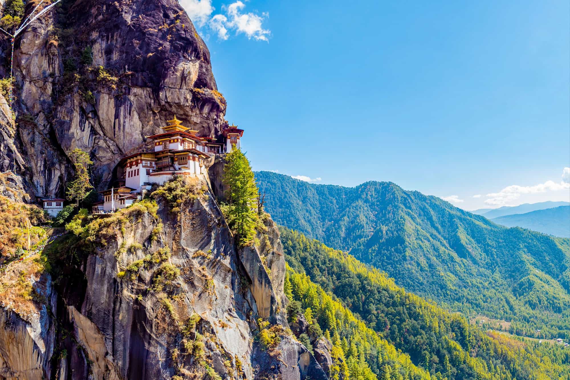 The famous view of Paro Taktsang, the 'Tiger's Nest' monastery in Bhutan.