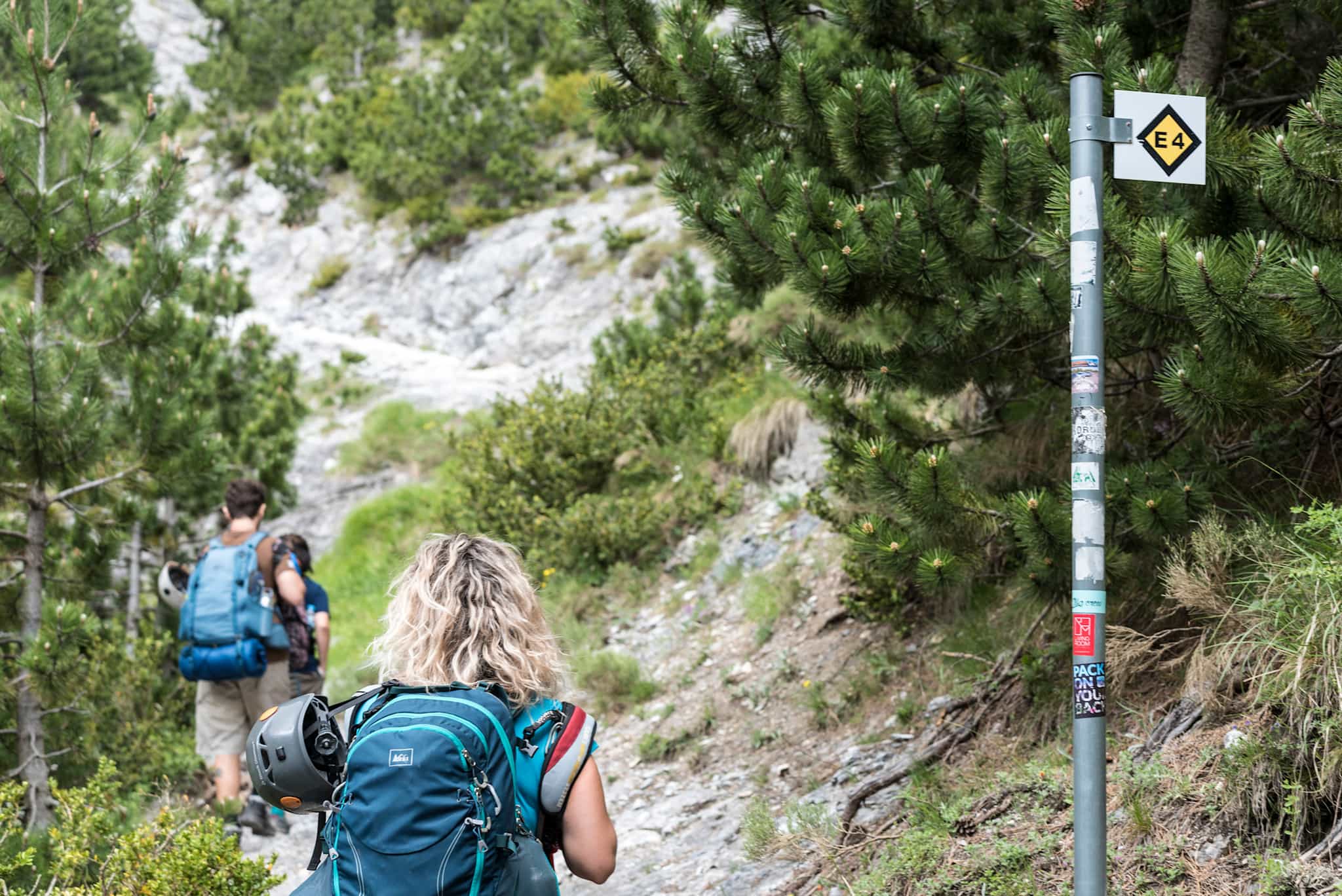 Hikers on the trail heading up Mount Olympus, Greece.