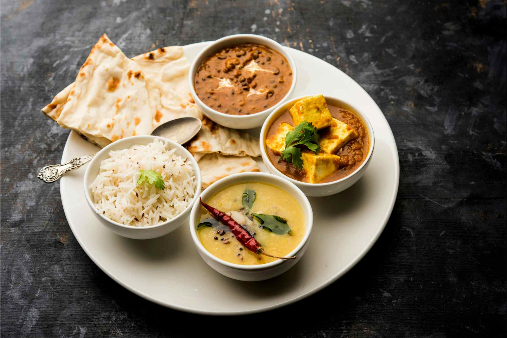 North Indian food - Canva link: https://www.canva.com/photos/MADYlw9mBBs-north-indian-food-platter-or-thali/