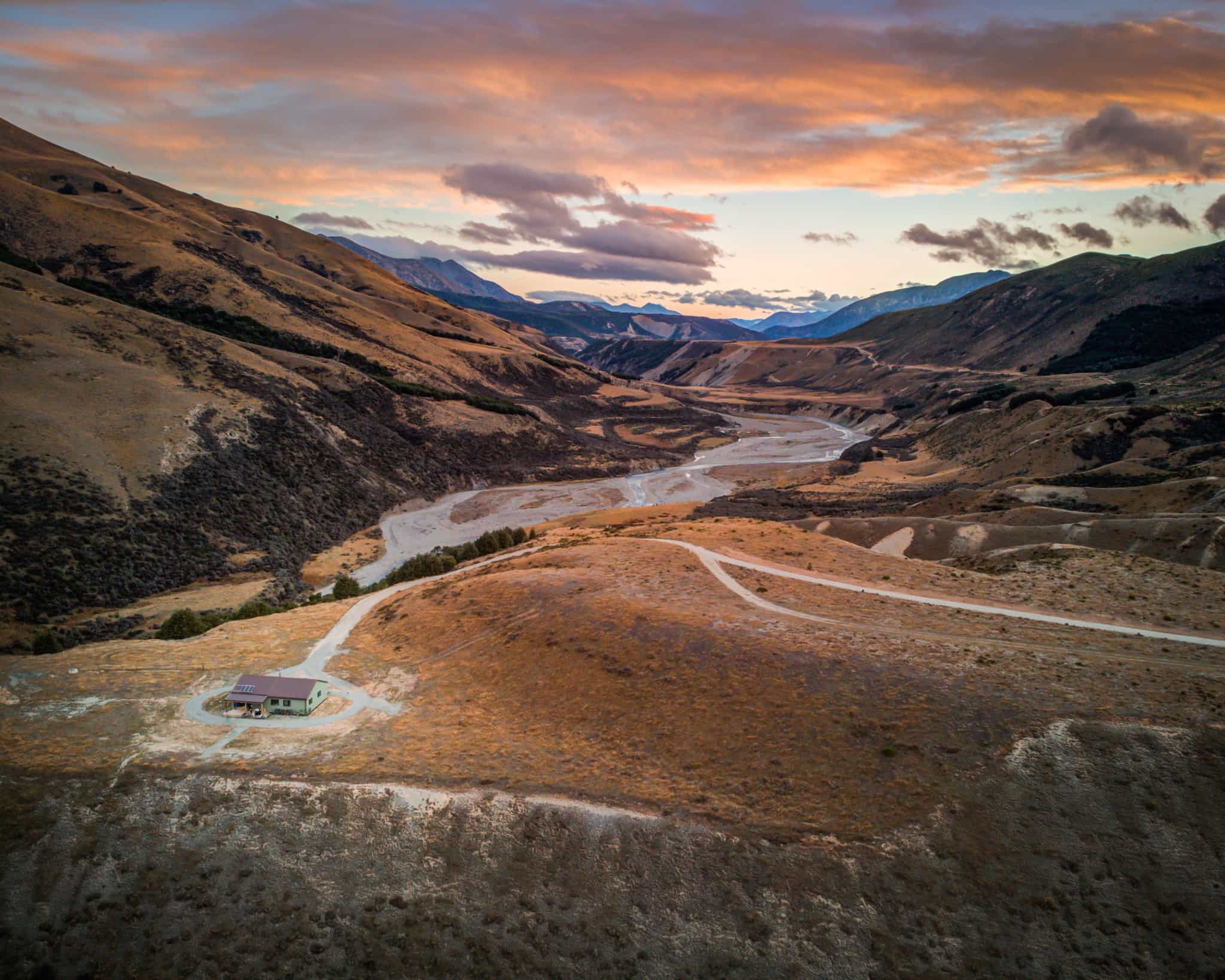 Mount White Station in New Zealand's South Island at sunset.