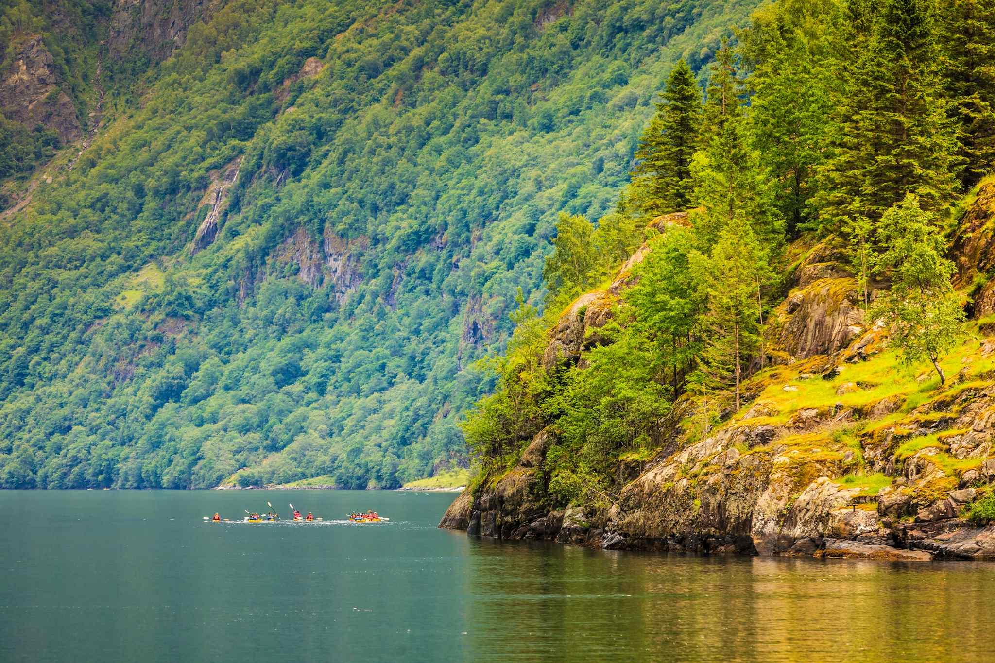 Kayakers on the Sognefjord in the Norwegian Fjords. 