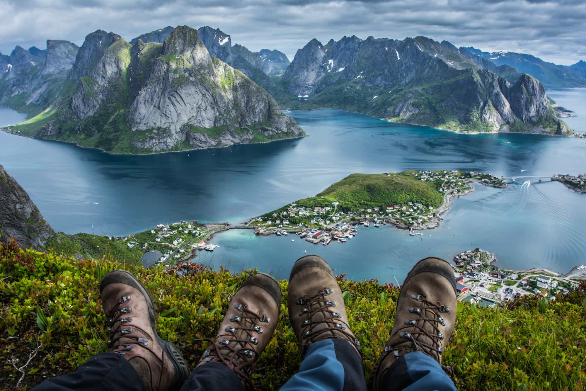 Hiking boots at Reinebringen, Lofoten Islands, Norway.
