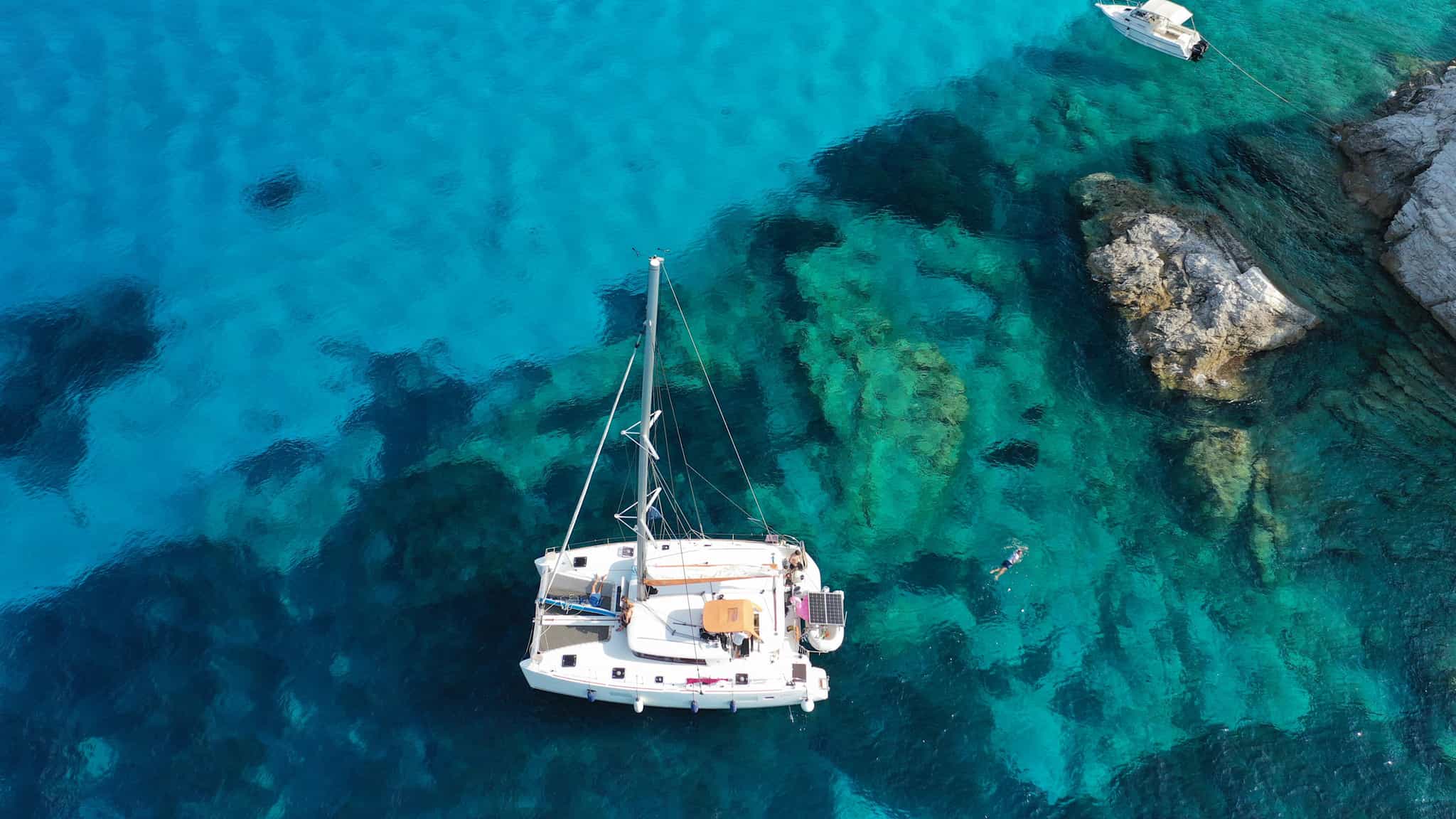 Catamaran from above in the Cyclades Islands, Greece.
