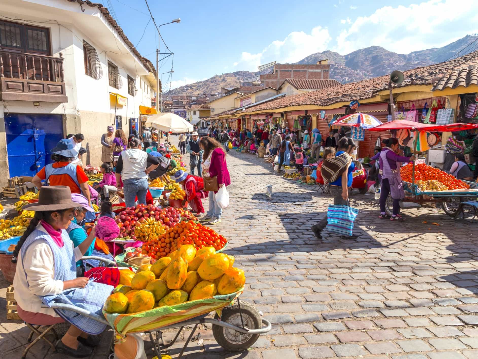 Colourful fruit market in the streets of Cusco in Peru's Sacred Valley.