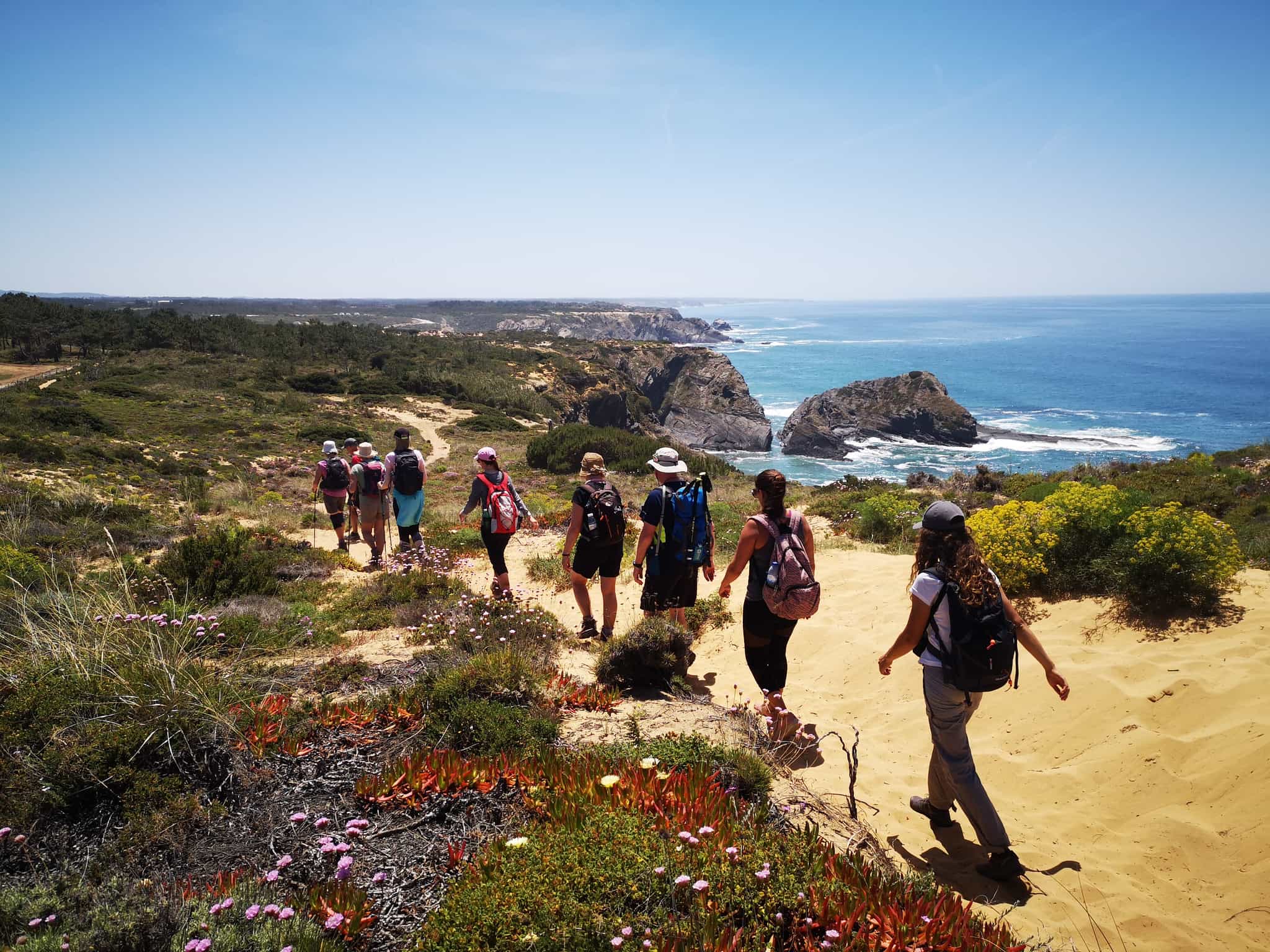 Hikers following Portugal's Rota Vicentina with the Atlantic Ocean in the background.