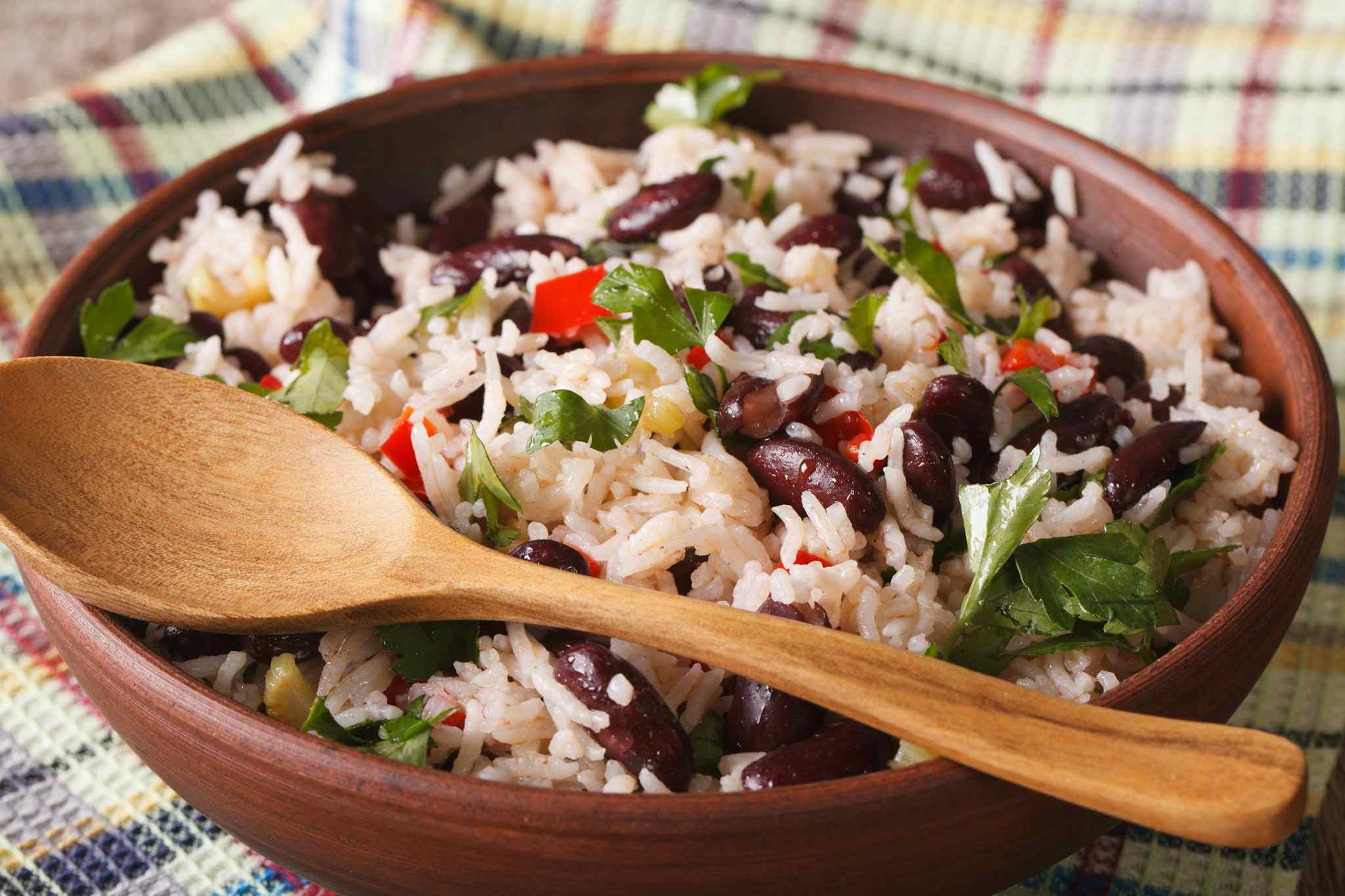 Gallo Pinto – rice with red beans in a bowl, close-up on the table