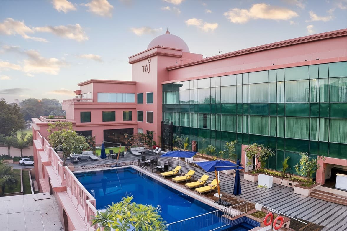 The pool area at the Taj Agra Hotel, India.
