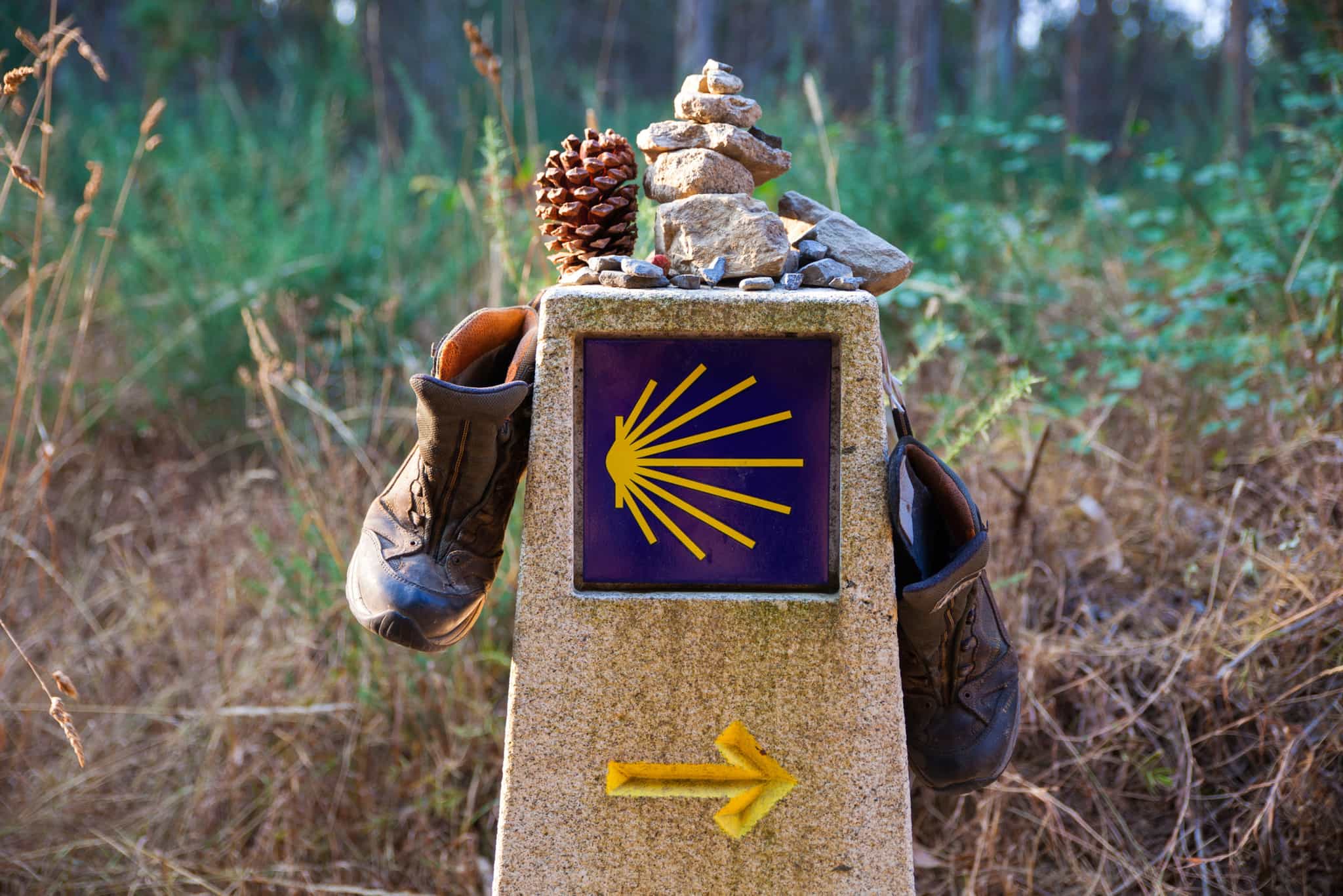 Waymarker and old boots on the Camino de Santiago, Spain