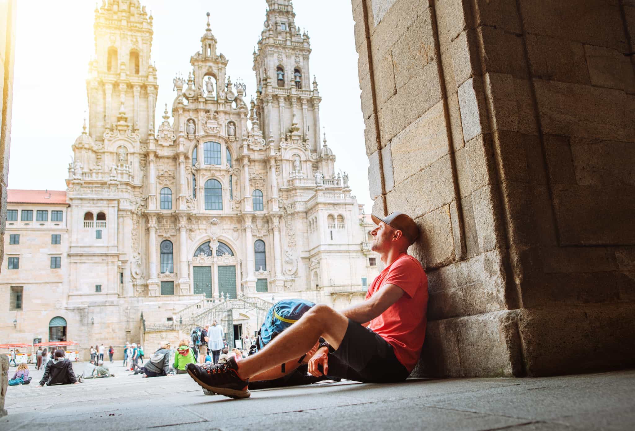 Hiker having reached Santiago de Compostela, Spain.