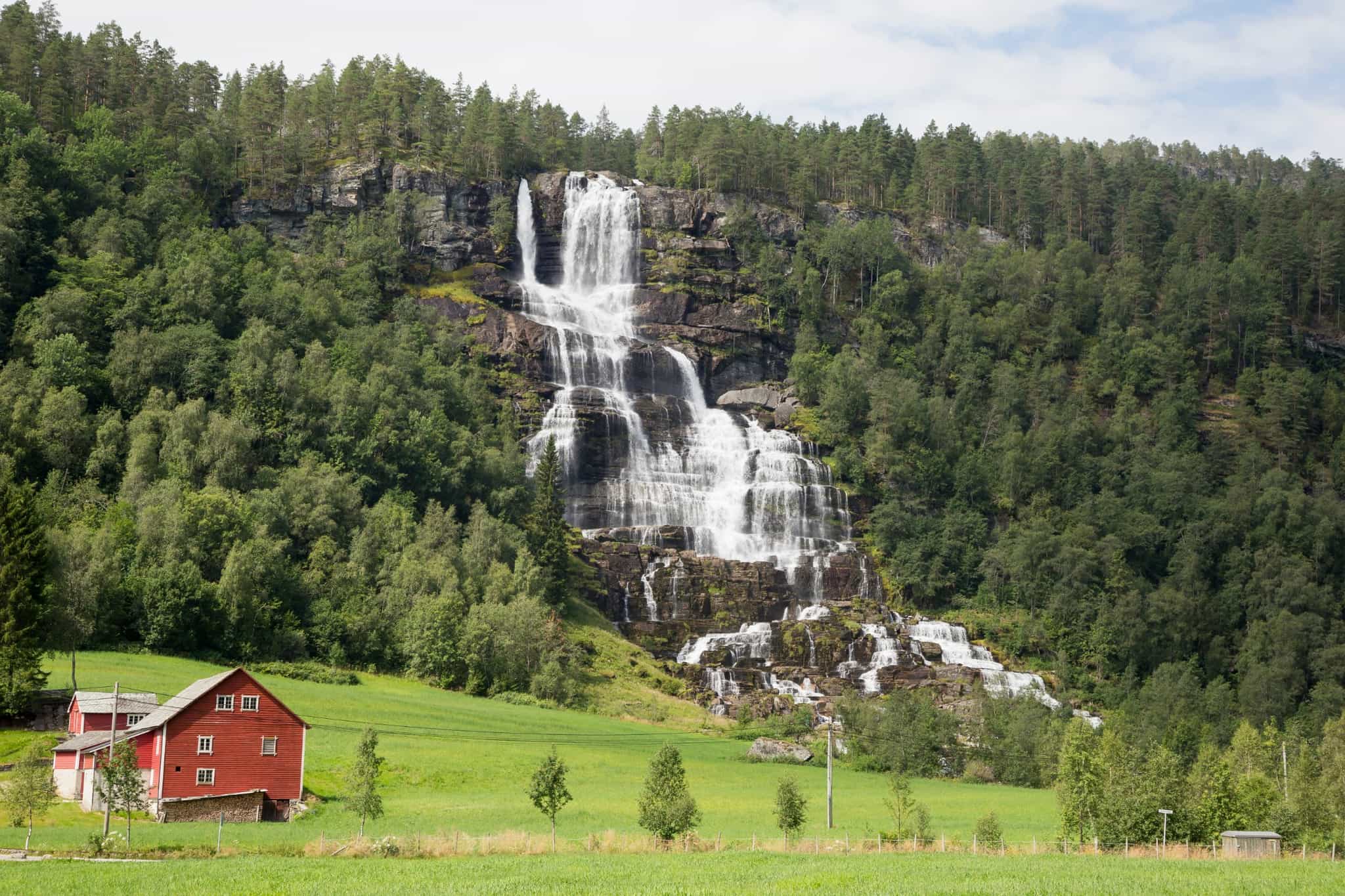 A view of a waterfall in the town of Voss in the Norwegian Fjords.