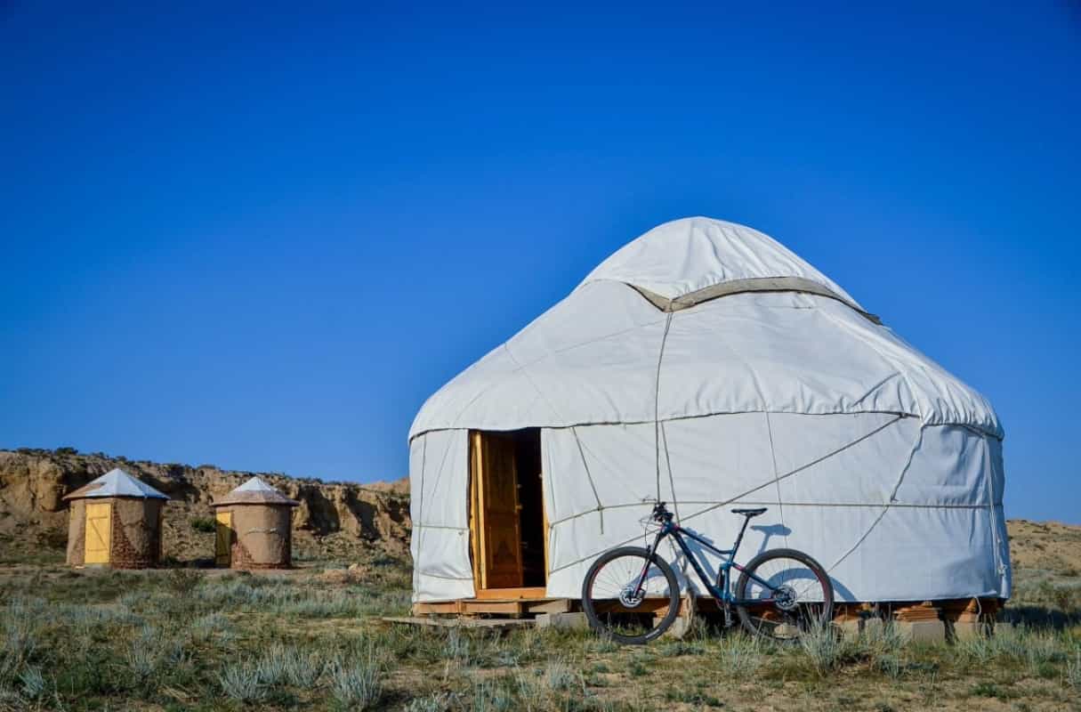 Bike against yurt at Feel Nomad Yurt Camp Kyrgyzstan