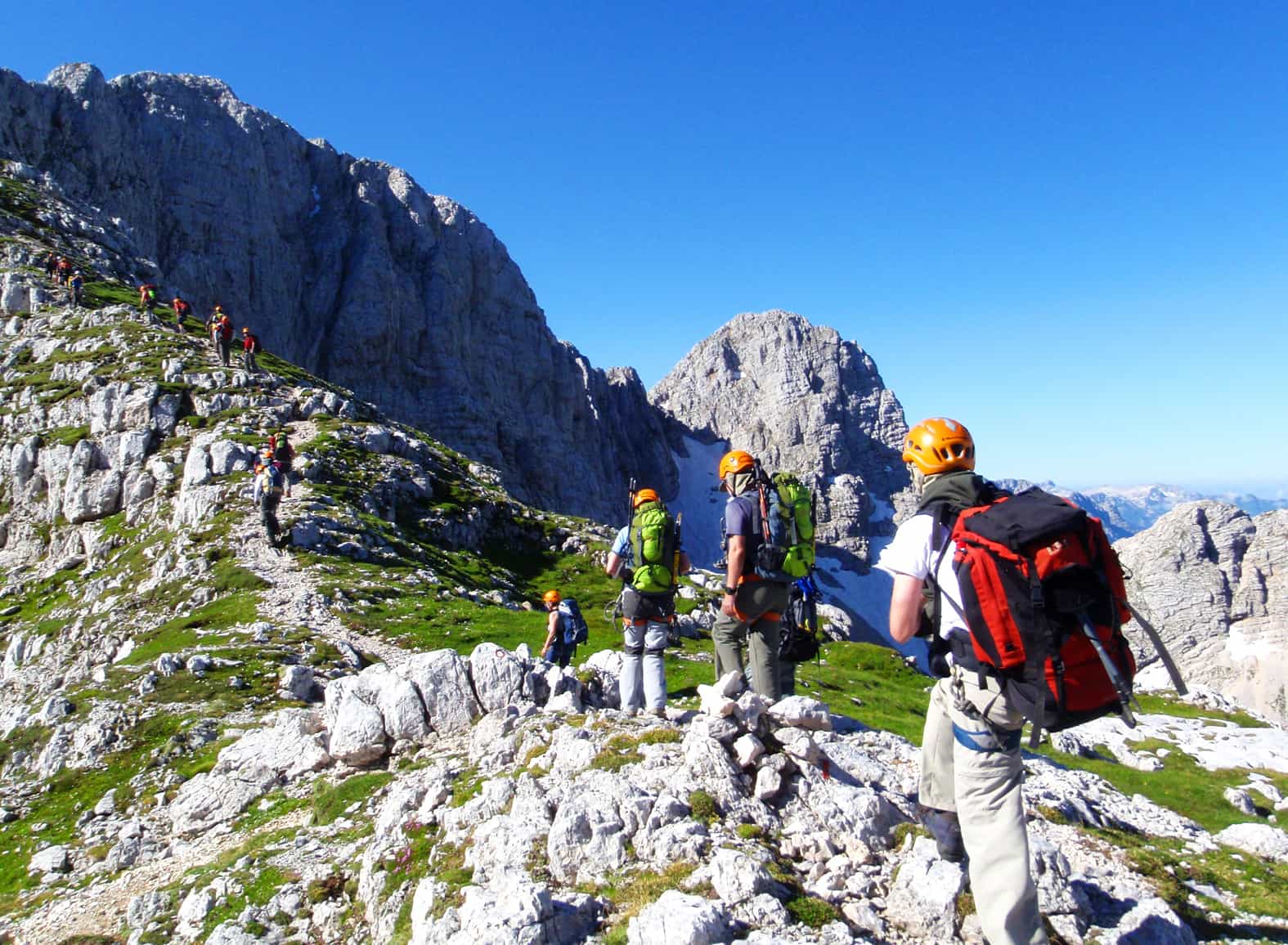 Hikers on the way to the summit of Mount Triglav in Slovenia.