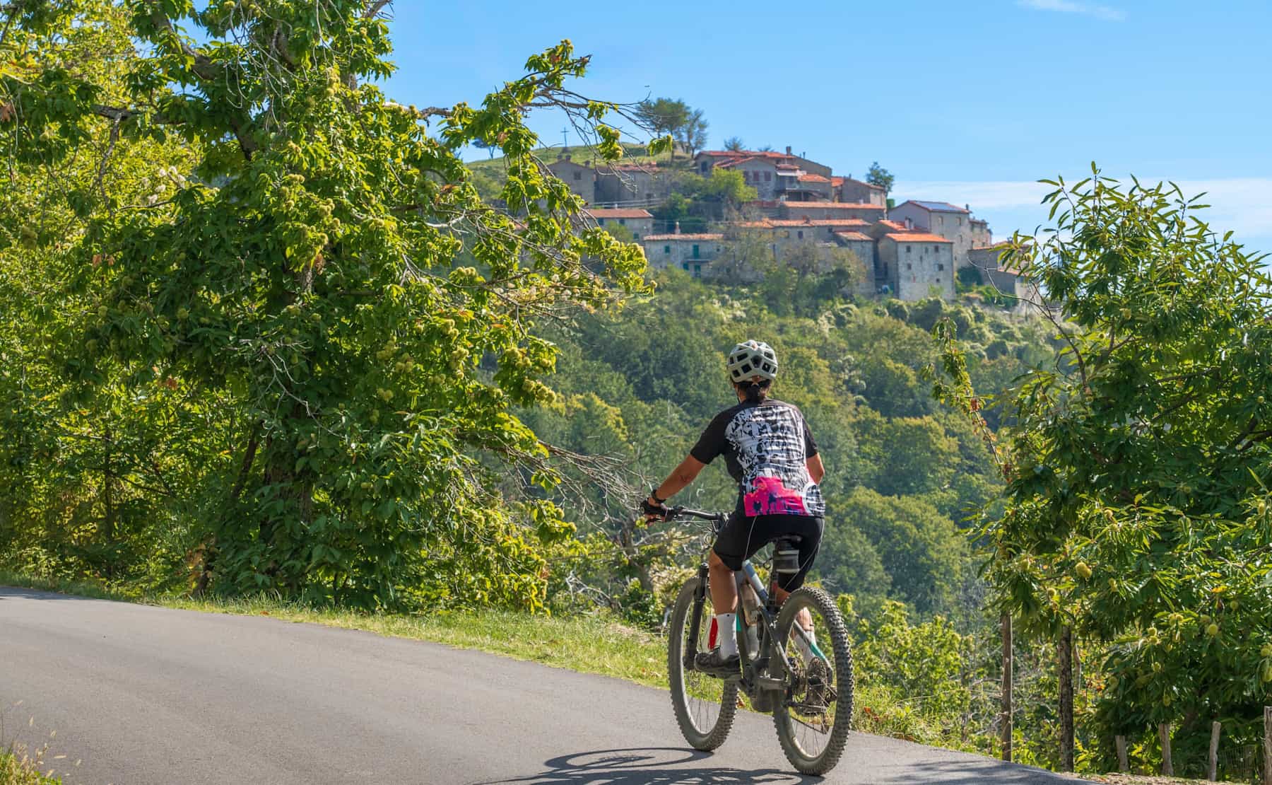 Person cycling on a road with a scenic green valley in the background, in Sicily
