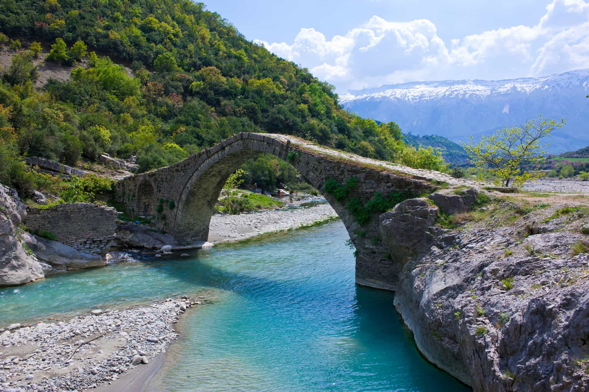Katiu Bridge in front of the Albanian Mountains, near Benja