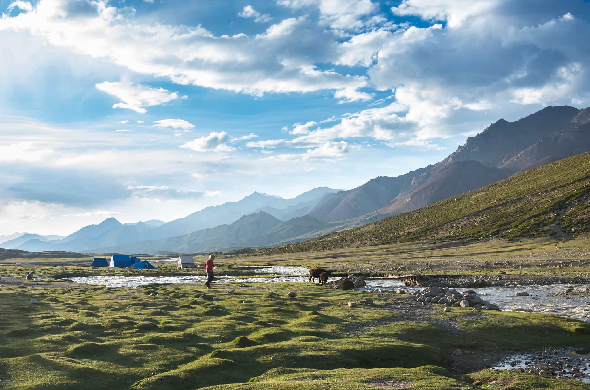 Man explores camp on the grassy plains of the Markha Valley in Ladakh, India.