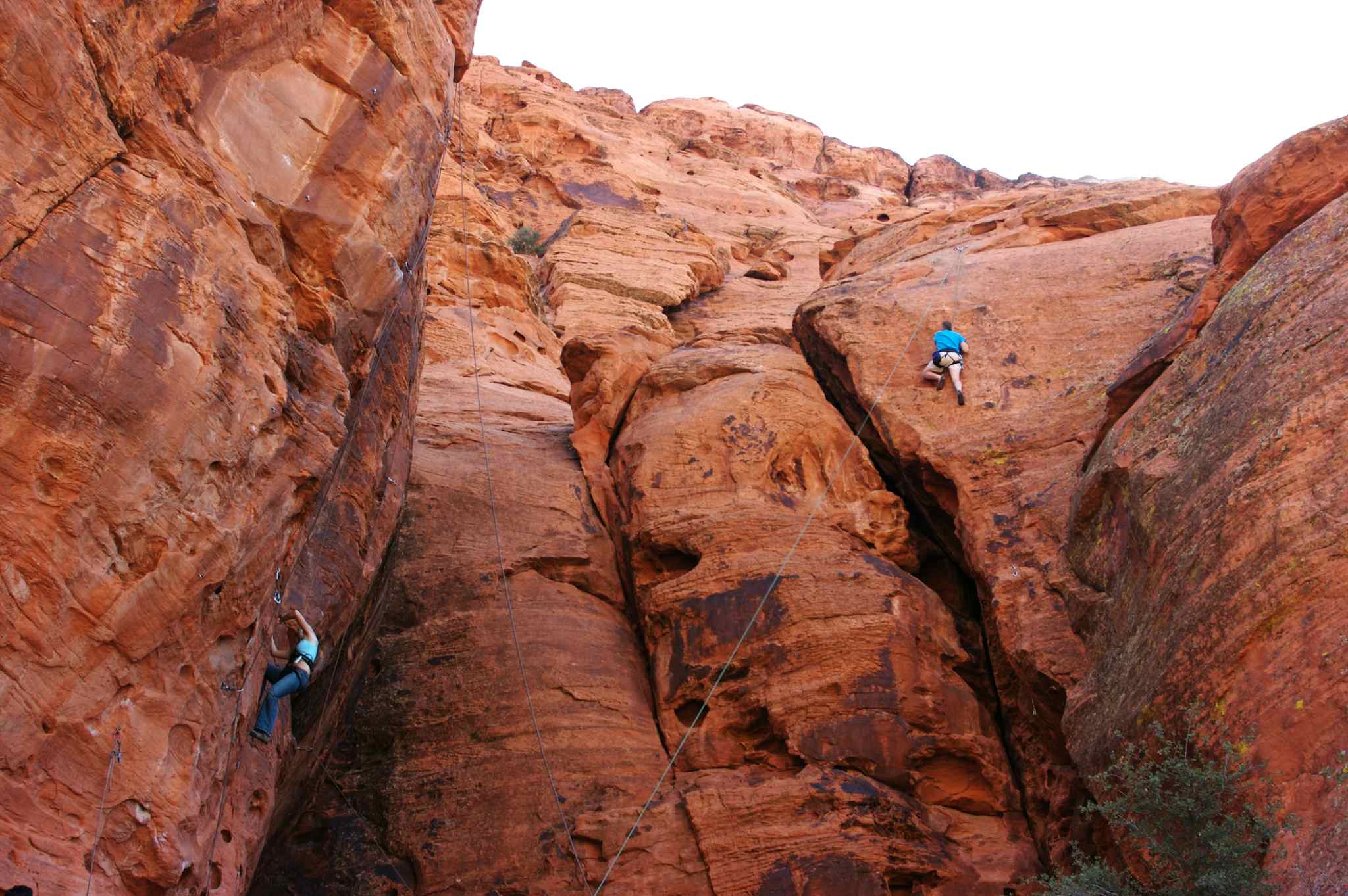Two rock climbers ascend the red rock of Todra Gorge, Morocco. 