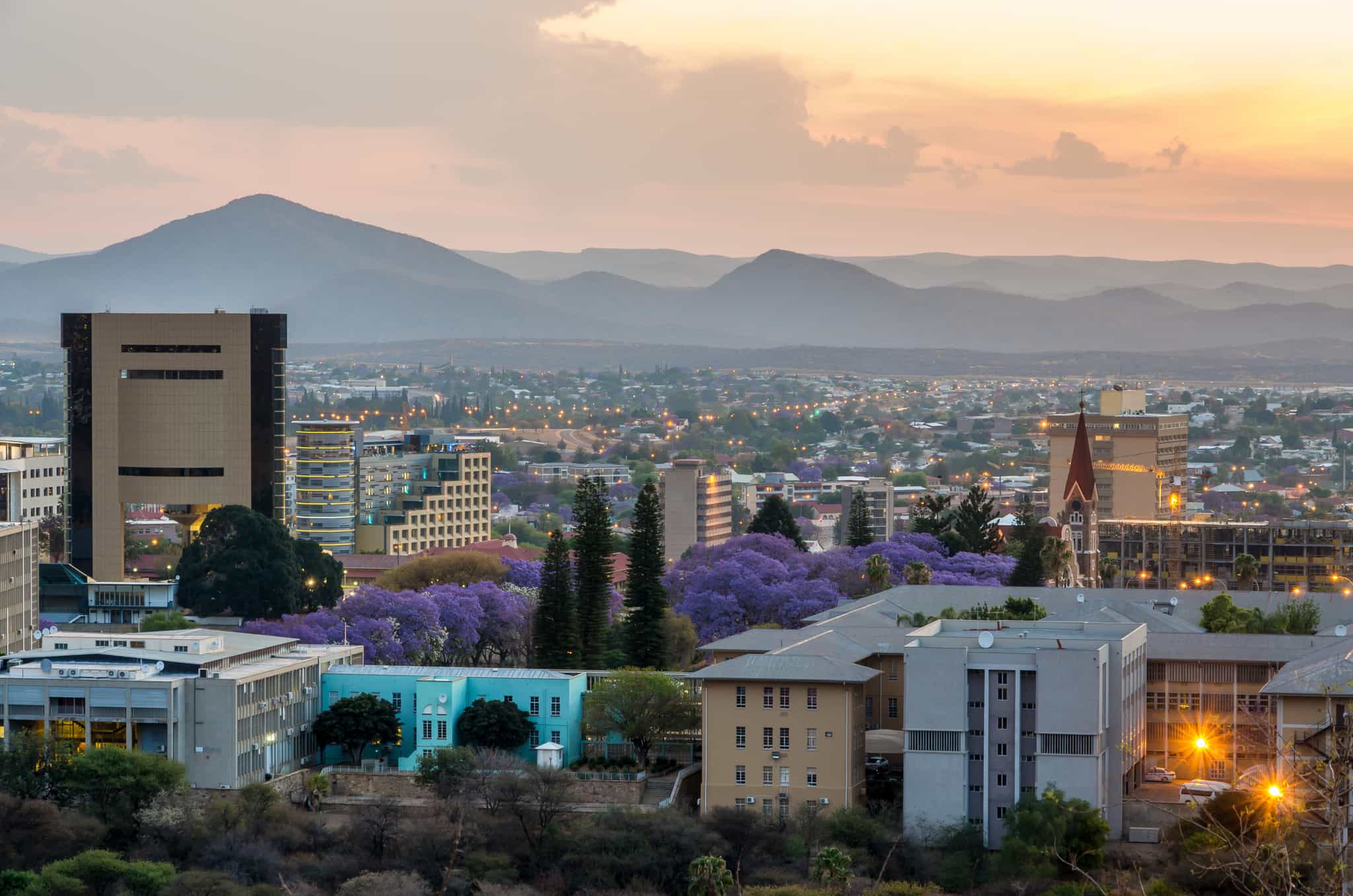 View of the city of Windhoek in Namibia at sunset.
