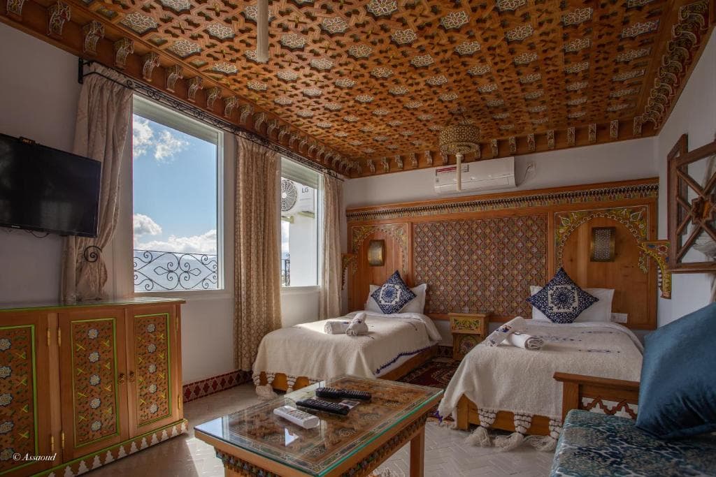 A twin bedroom at the Hotel Dar Mounir, Chefchouen, Morocco